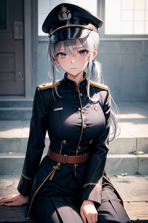 超high resolution high resolution Silver Hair ponytail Confused eyes Sitting Facing forward Shy uniform 黒のuniform military hat Trousers black Large sword Large swordを横に置いている battlefield Wet day After the Battle
