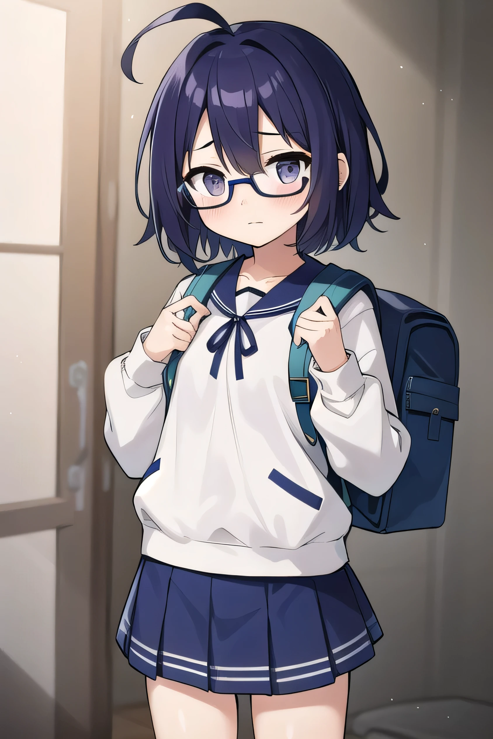 Purple hair, gray eyes, white , navy blue miniskirt, 11 years old, short, short long hair, kind expression, shy, backpack, almost no breasts, slightly exposed. hair,(flipped hair ), flipped hair, long sleeves, ahoge, girl alone, flipped hair, flipped hair, flipped hair, flipped hair, glasses with no edges, embarrassed, flat chest