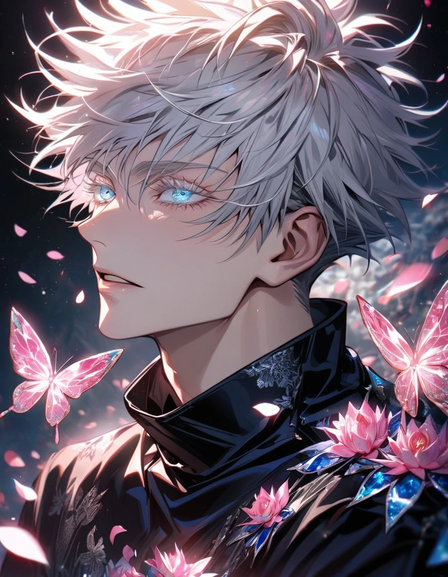 Ultra detailed, HDR, Highres, absurdres, master piece, Gojou Satoru, expressive blue eyes, white hair with bangs, white eyelashes, Jujutsu Kaisen, black coat with patterns, black tight shirt, pink glittering butterflies, pink ice, petals, pink ice flowers, sexy man, solo, extremely detailed face and eyes, extremely handsome, glittering,