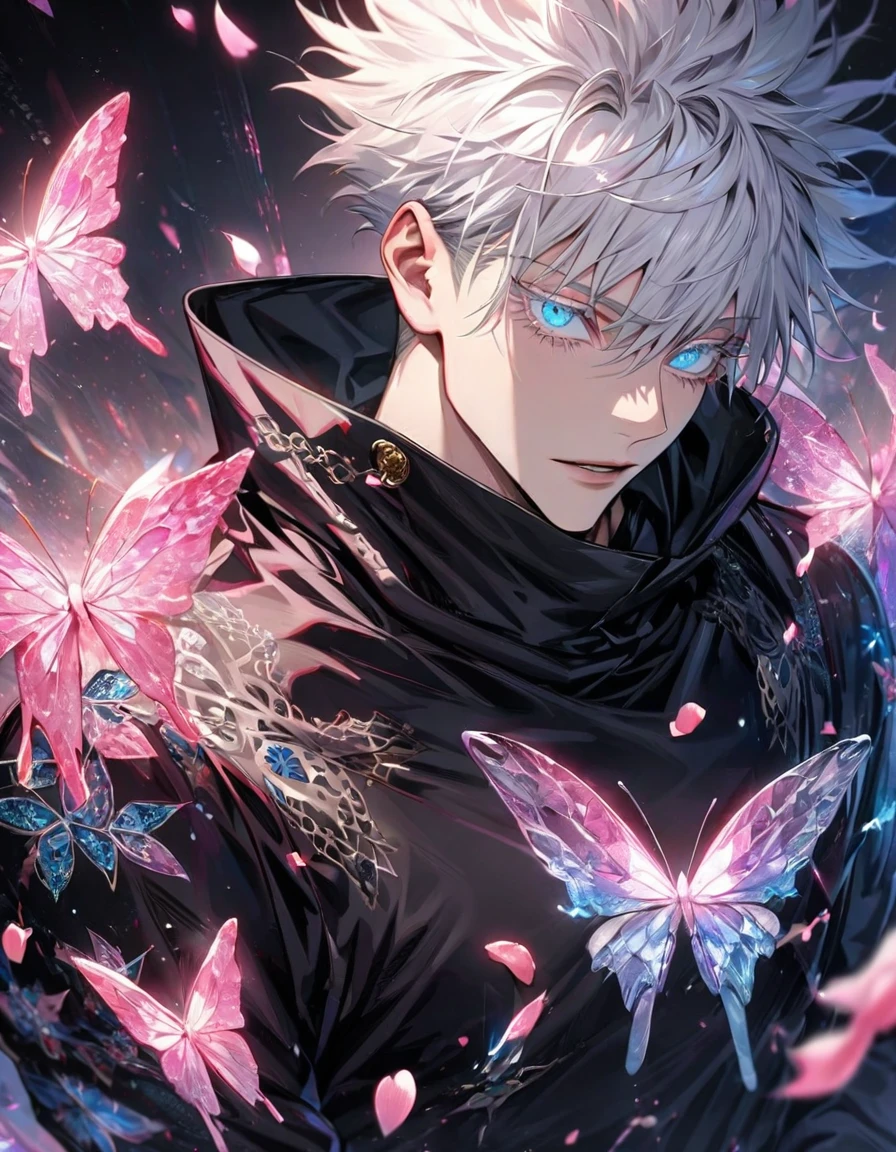 Ultra detailed, HDR, Highres, absurdres, master piece, Gojou Satoru, expressive blue eyes, white hair with bangs, white eyelashes, Jujutsu Kaisen, black coat with patterns, black tight shirt, pink glittering butterflies, pink ice, petals, pink ice flowers, sexy man, solo, extremely detailed face and eyes, extremely handsome, glittering,