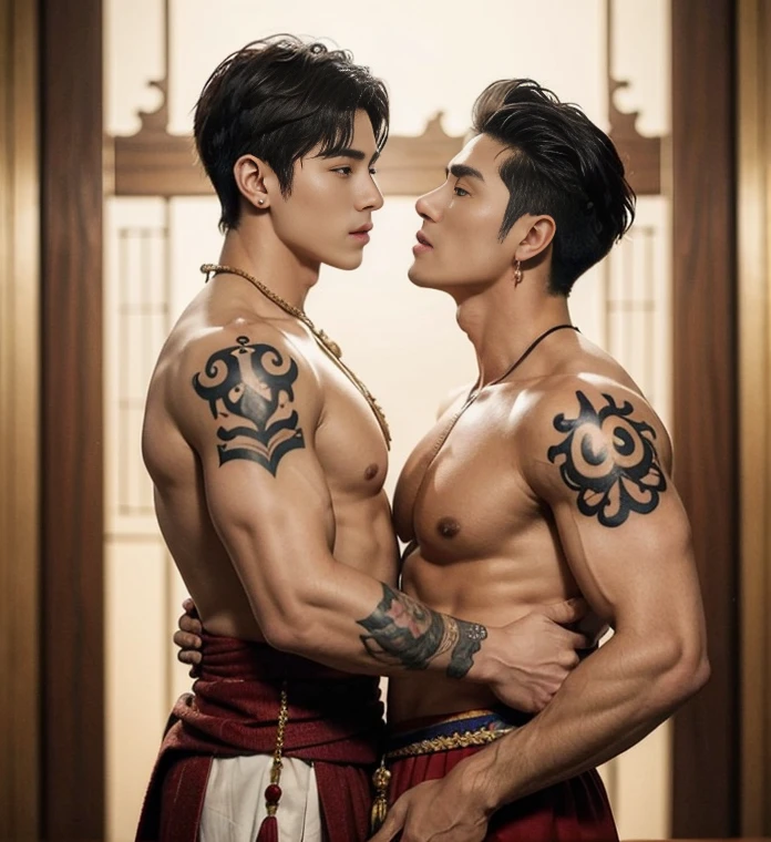 Two handsome boys kissing, smiling at each other, catching eyes ,hugging, kissing, touching lips, cuddle, romantic,skin ship, Chinese Men God, Mythology, realistic, Chinese odyssy, super Handsome,manly, kpop idol, handsome korean actor, 20 years old,, detailed face, manly jawline, manly chin, detailed mess curly styling hair, Topless, Muscles, big chest Athlete body, Full Frame,full body shoots, Sexy, realistic, human skin, tattoo breast, Professional studio Lighting, long red tibetan Outfit, jade and golden pendent all over , detailed jewery in dress, earings,Chinese ancient temple Background,out door, super detailed background,look at camera , open mouth, loincloth Underneathe Underwear, tibet Warrior, Hanfu red wedding dress, tibet Male, tibet Nobel, Seduce , bare chest , tattoo chest, tattoo arms, tattoo hands, tattoo back, tattoo legs , detailed tattoos, big juicy butts, bare butts