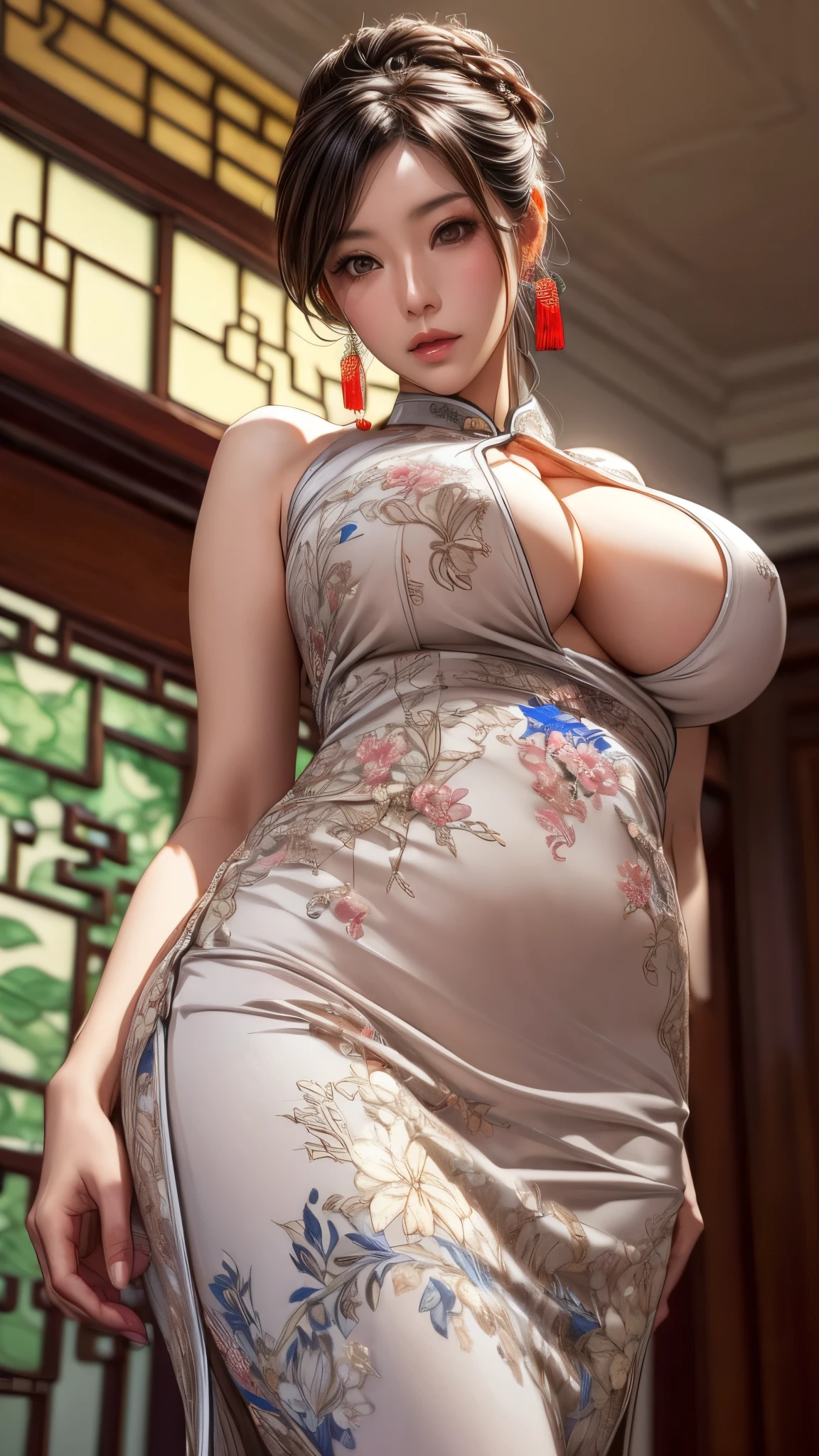 a Chinese woman wearing china dress, highly detailed decorations, (((masterpiece))), ((best quality)), ((intricate detailed)), ((Hyper realistic)),, absurd res, milf, mature woman, perspective, highly detailed, illustration,, (large breasts), perfect hands, detailed fingers, beautiful detailed eyes, updo hair, brown eyes,(Chinese dress:1.2), earrings, detailed background, perfect eyes, seductive eyes, standing,( looking at the viewer:1.6),(viewed from below:1.2)  