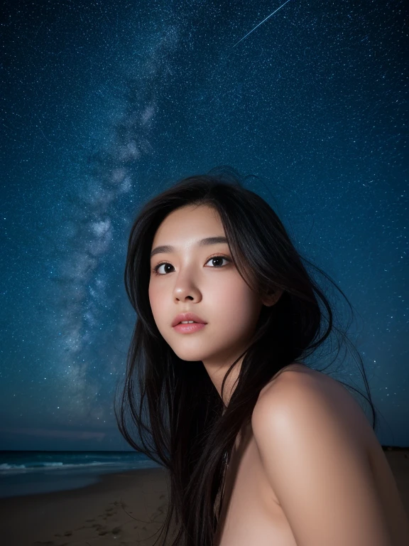 8k、Beautiful girl at 13 years old, nude,Hair length, Starry sky background、Beautiful face in every detail、Beach、night、Very strong winds