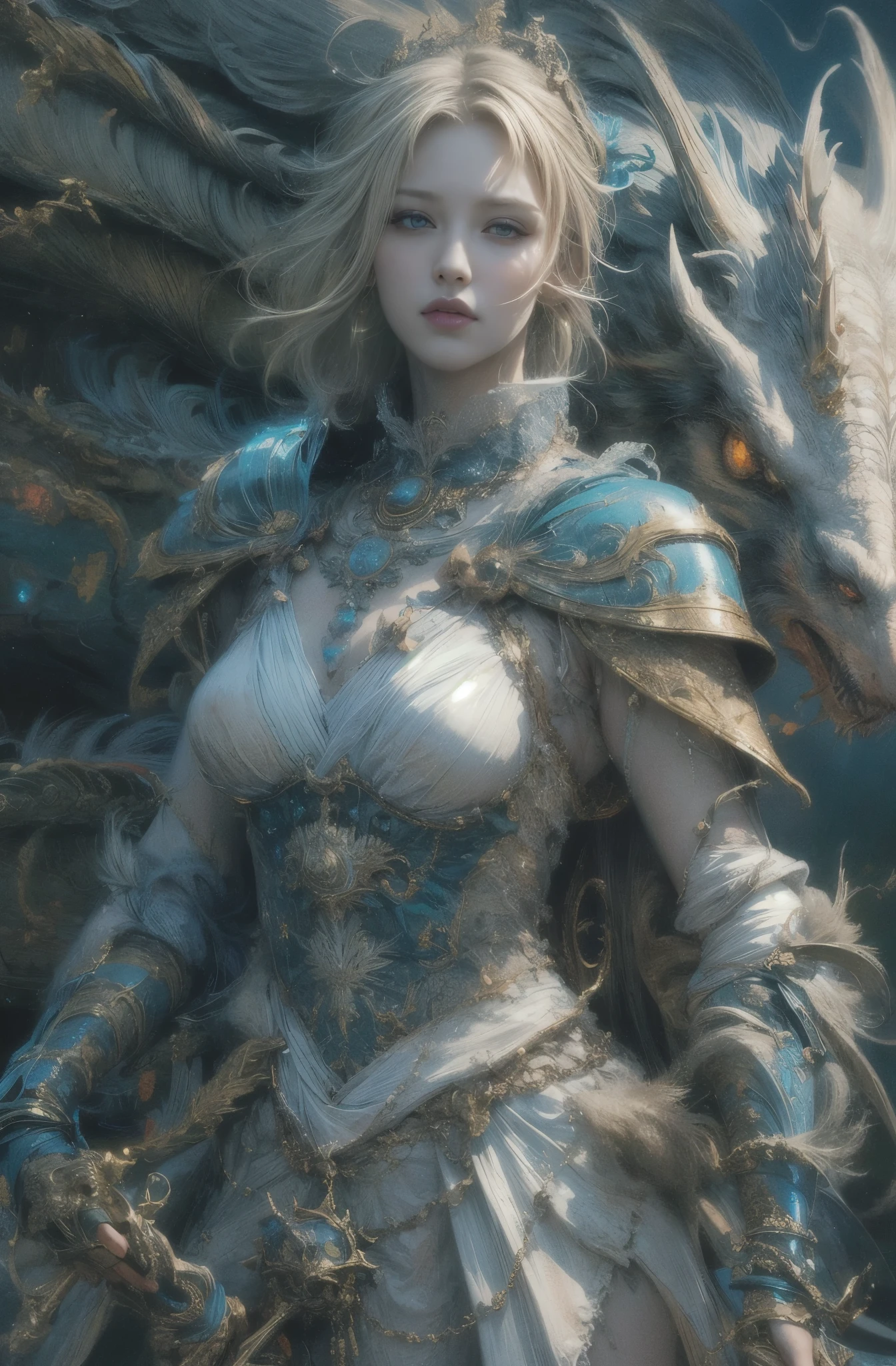 槍を持った美しきfemale dragon knight, Rin々しいfemale dragon knight, A beautiful woman with a dragon, God&#39;s Kin, Detailed fantasy art, Fantasy art style, Fantasy style art, highly Detailed fantasy art, detailed Digital 2D Fantasy Art, fantasy artist, epic Fantasy art style hd, High quality fantasy art, Detailed fantasy illustrations, fantasy book illustration, Digital 2D Fantasy Art, Fantasy Art Illustration, 4k fantasy art, author：Jean Jay., Fantasy art style, 2. 5D CGI Anime Fantasy Artwork, epic Fantasy art style hd, Epic fantasy digital art style, Detailed fantasy art, 詳細なDigital 2D Fantasy Art, Luan Jia and Artgerm, 8k fantasy art, female dragon knight, Sharp contours, very fine and beautiful eyes, Beautiful Blue Eyes, pretty much beautiful face, Also々exterior, Valhalla, Unparalleled beauty, masterpiece, highest quality, The perfect angle, Perfect composition, Best Shot, Official Art, Cinematic light, Very beautiful and fantastic scenery, chivalry dream, Presence, Michael Letter, Christoph Huge 、Ultra-precision coating, Luminism, art by Carne Griffiths and What a bone Concept Art, 4K resolution, Fractal isometric detailed bioluminescence , 3D Rendering, Octane Rendering, Exquisitely crafted , Cinematic, Art Station&#39;trendy, Isometric Center, Surreal cover photo, Amazing full color, Handwriting, Hit definition , Cinematic,Great background, Abstract Beauty,stand, Approaching perfection, Pure Form, Golden Ratio, Minimal, Concept Art, By Brian Froud、Karn Griffiths、What a bone、John William Waterhouse, Intricate details, 8K Post-Production, High resolution, Hyper Detail, Art Stationのトレンド, Studio shot, Intricate details, Very detailed, Greg Rutkowski, Encounter with an Ancient Dragon, Close-up