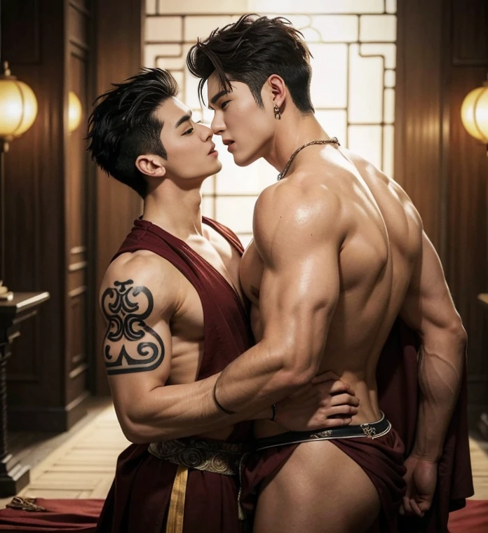 Two handsome boys kissing, smiling at each other, catching eyes ,hugging, kissing, touching lips, cuddle, romantic,skin ship, Chinese Men God, Mythology, realistic, Chinese odyssy, super Handsome,manly, kpop idol, handsome korean actor, 20 years old,, detailed face, manly jawline, manly chin, detailed mess curly styling hair, Topless, Muscles, big chest Athlete body, Full Frame,full body shoots, Sexy, realistic, human skin, tattoo breast, Professional studio Lighting, long red tibetan Outfit, jade and golden pendent all over , detailed jewery in dress, earings,Chinese ancient temple Background,out door, super detailed background,look at camera , open mouth, loincloth Underneathe Underwear, tibet Warrior, Hanfu red wedding dress, tibet Male, tibet Nobel, Seduce , bare chest , tattoo chest, tattoo arms, tattoo hands, tattoo back, tattoo legs , detailed tattoos, big juicy butts, bare butts