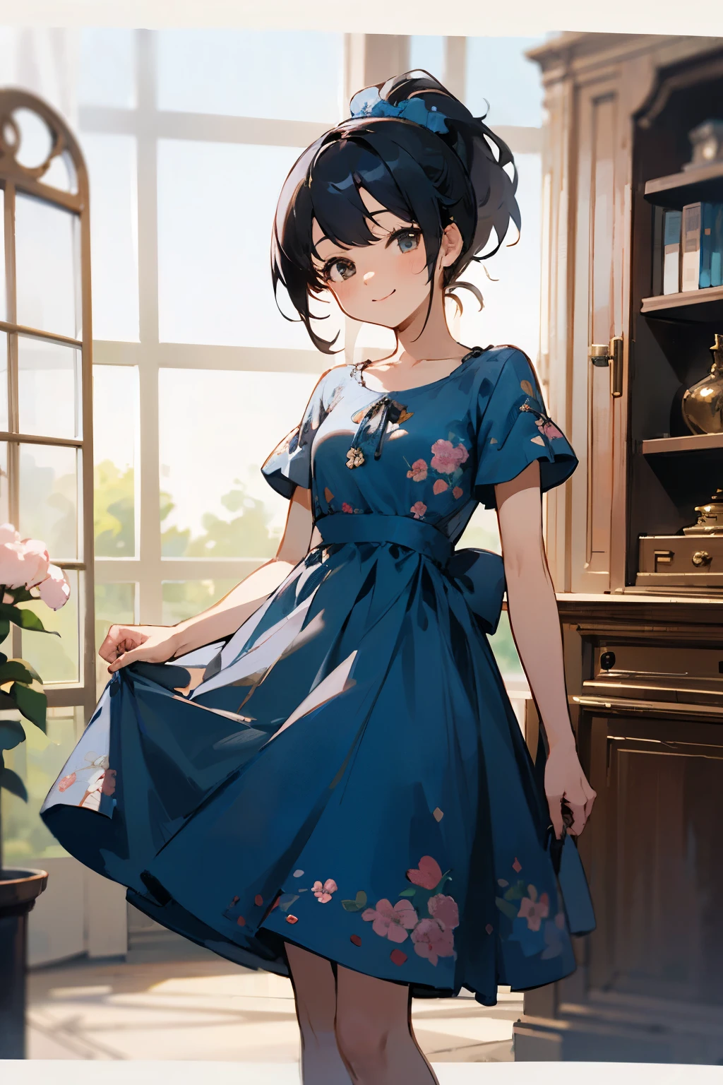 In the best quality、 girl standing in a room。In high resolution、Beautiful details、Quiet atmosphere。Black hair ponytail、Cute Smile.。Wearing a cute floral blue dress。
