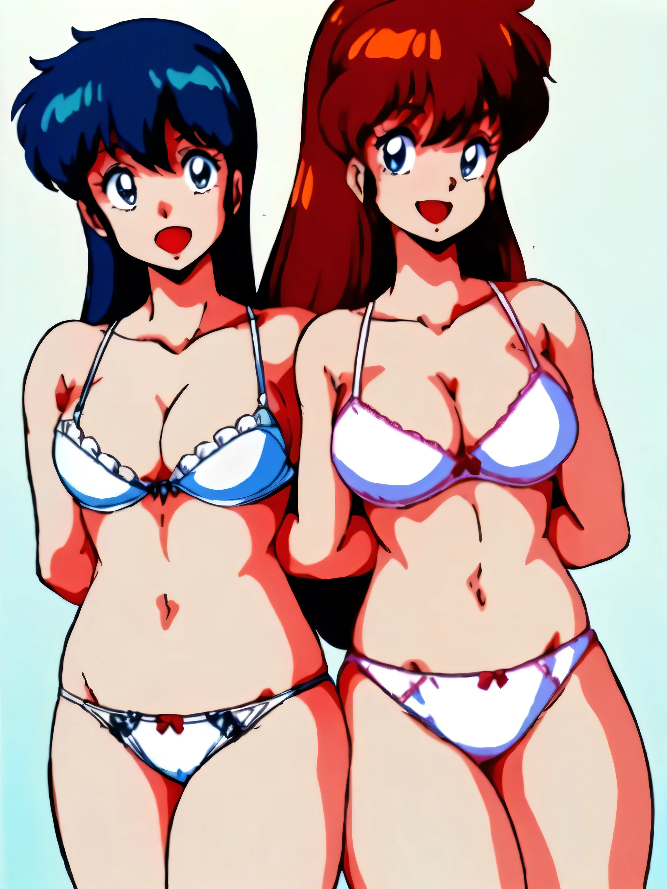 (room, Bedroom), 2People Girls, (Embrace each other, Face), looking at the camera, highest quality, 8K, High resolution, Crisp animation quality, (Perfect Face, Detailed face), (miki), Are standing, Blue eyes, (Fine grain:1.3, Detailed and high resolution), (short hair, dark blue hair), smile, (Open your mouth:1.2), (Large Breasts:1.2), (White bra:1.5, Sexy), (Beautiful cleavage:1.2), Navy blue mini skirt, (White panties are visible:1.4, Sexy), highest quality, 8K, High resolution, Crisp animation quality, (Perfect Face, Detailed face),(erika), Are standing, Blue eyes, (Fine grain:1.3, Detailed and high resolution), (Long hair, Red Hair), smile, pink headband, (Blushing:1.2), (Large Breasts:1.2), (White bra:1.5, Sexy), (Beautiful cleavage:1.2), Navy blue mini skirt, (White panties are visible:1.4, Sexy),highest quality, 8K, High resolution, Crisp animation quality,