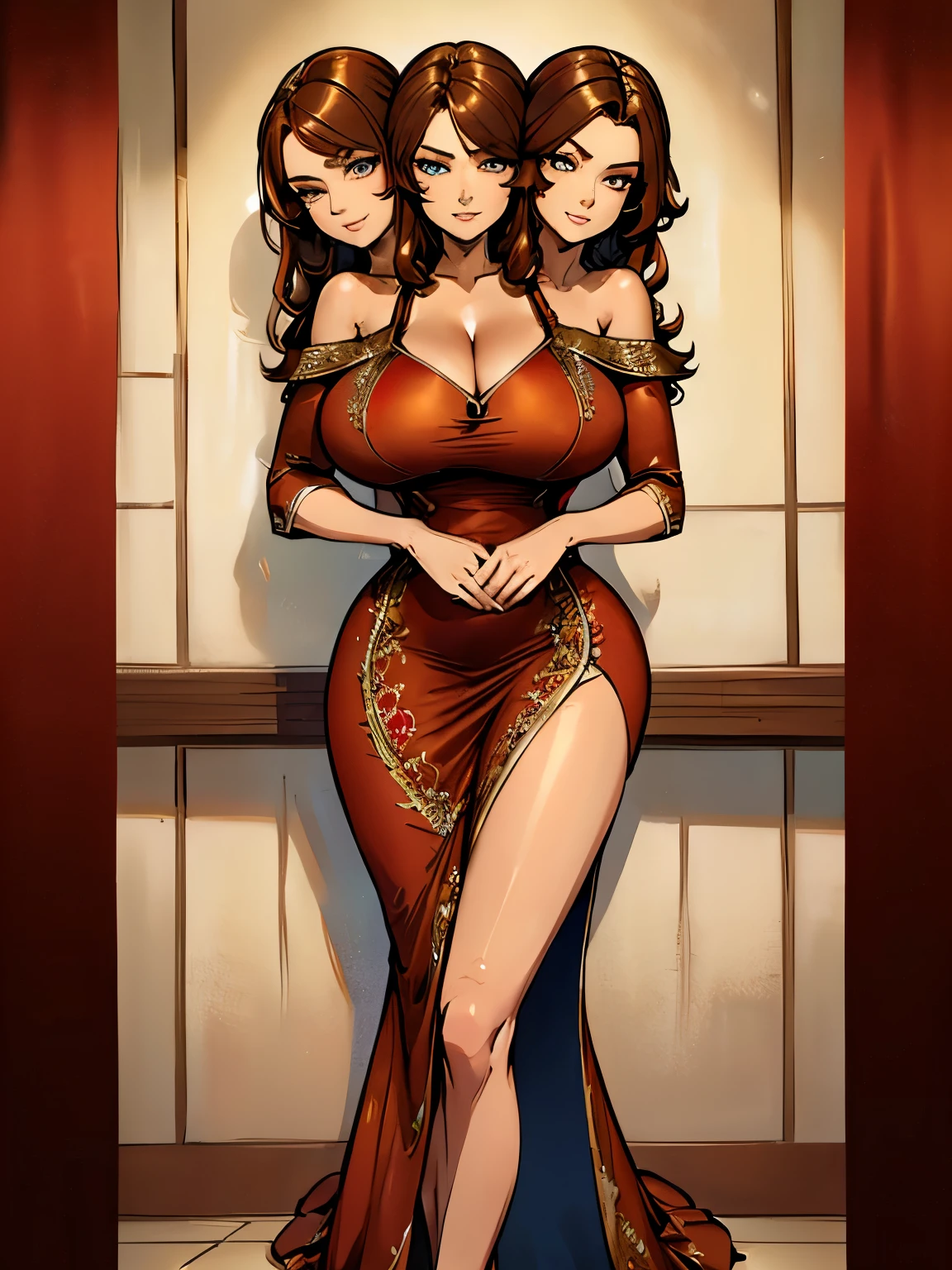 best quality, (masterpiece),(ultra-detailed), (high quality), (high resolution), ((2heads:1.5)), best quality:1.5, highres, UHD, 16K), two headed woman, smiling, highres, masterpiece,((brown hair)), ((different hair color)),cleavage, ((red dress:1.5)), lustrous and smooth skin, huge breasts, (mature woman), (blue eyes), seductive silhouette, ((slim hips)), casual dress, sexy proportions, Beautiful girl with accentuated slender abs, long legs, seductive woman, ((very detailed eyes:1.5))