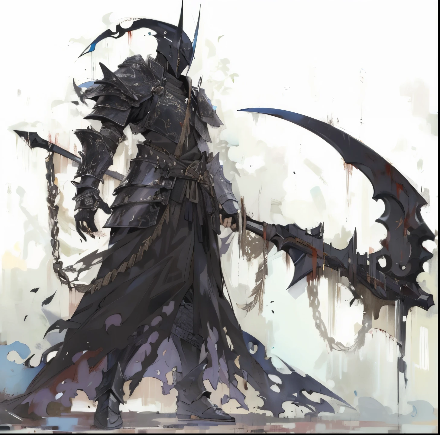 ((masterpiece)),(((best quality))), male, intricate details, solo , scythe in hand, black armor, black aura, black aura oozing, blood on armor, black robe, red cape, dripping blood