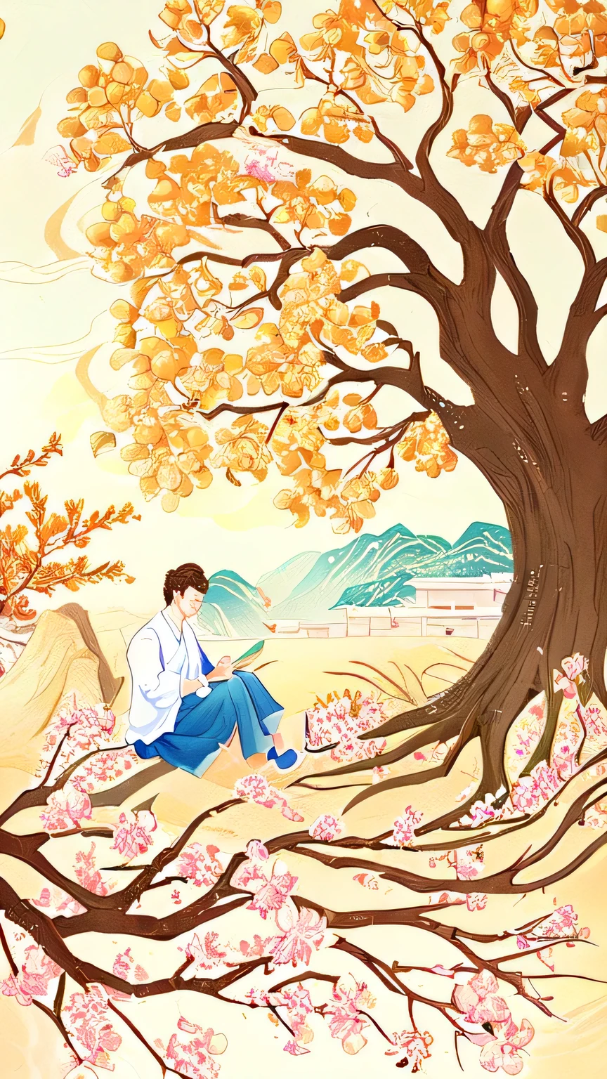 painting of a man Sitting under a tree with a book, Korean Artist, Reading under the tree, Inspired by Han Yonghao, by Pu Hua, A beautiful artistic illustration, author：Bian Xiangbi, Chinese Artists, Ancient Trees, Sitting under a tree, author Kim Hong-do, Chinese watercolor style, through Song Choi