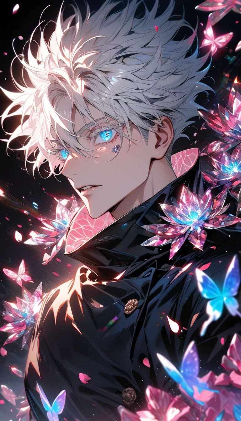 Ultra detailed, HDR, Highres, absurdres, master piece, Gojou Satoru, expressive blue eyes, white hair with bangs, white eyelashes, Jujutsu Kaisen, black coat with patterns, black tight shirt, pink glittering butterflies, pink ice, petals, pink ice flowers, sexy man, solo, extremely detailed face and eyes, extremely handsome, glittering, glittering eyes,
