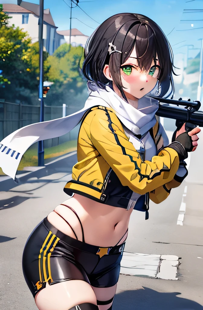 masterpiece, highest quality, High resolution, 1people's Girl, Chinon 1, scarf, Fingerless gloves, White clothes and green jacket, hair ornaments, Barrette, Thigh straps, (photograph:1.3), He has a gun, sniper rifle, Remains, photograph position, Worried, Curvaceous, Small waist, Chubby, blush with embarrassment, people々Surrounded masterpiece, highest quality, photograph, Performance,running, Hordes of enemies, army, blue sky, Huge Fortress