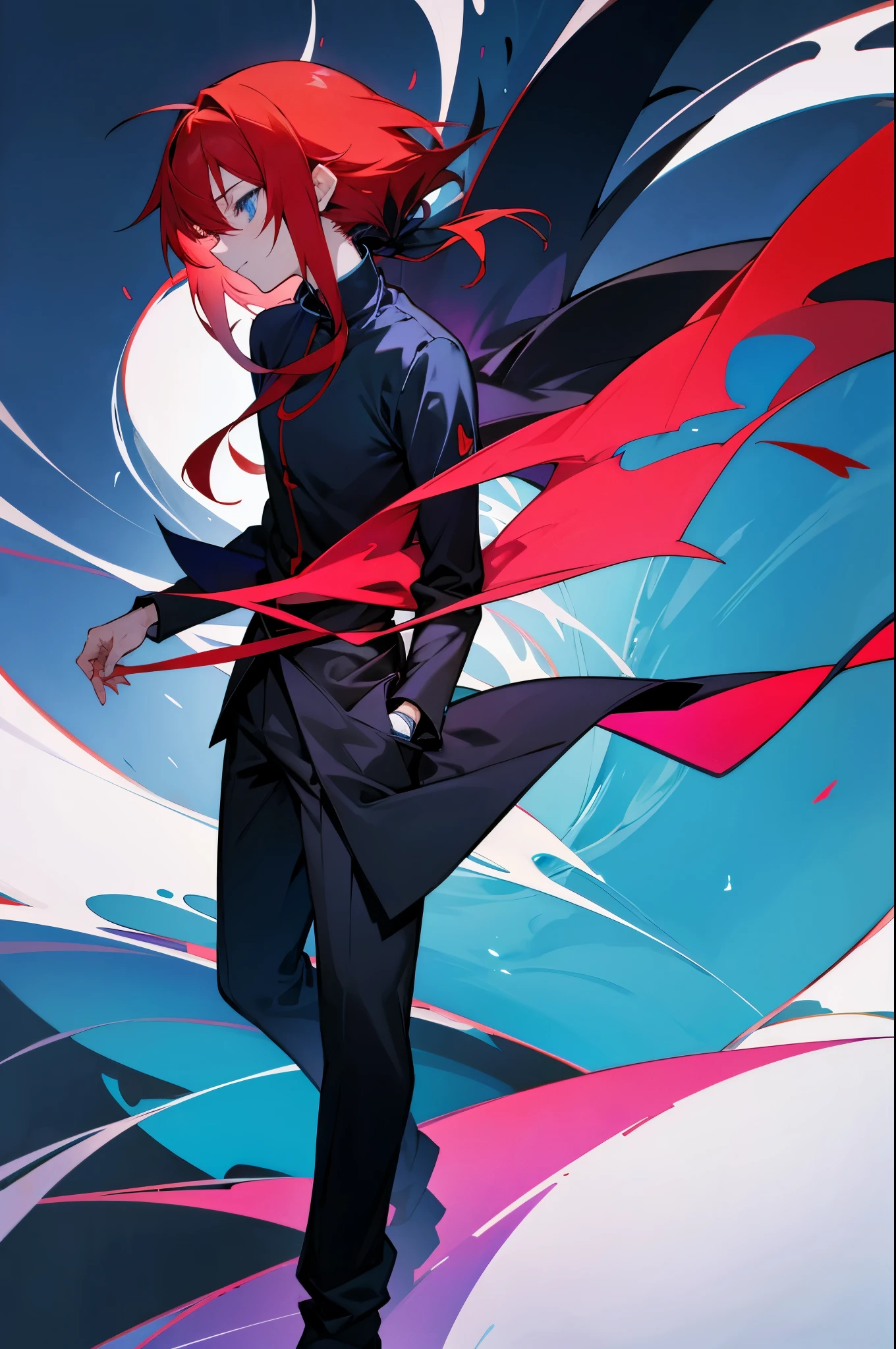 Anime male character with red hair and blue eyes and black clothing standing in front of a blue background, Retrato Gapmoe Yandere Grimdark, Rimuru, Gapmoe Yandere Grimdark, Hajime Yatatate, imagem do avatar, Tempestade Rimuru, Foto de perfil de Rimuru Tempest, anime moe artstyle, Fuso Rei, 2 d estilo anime, full body