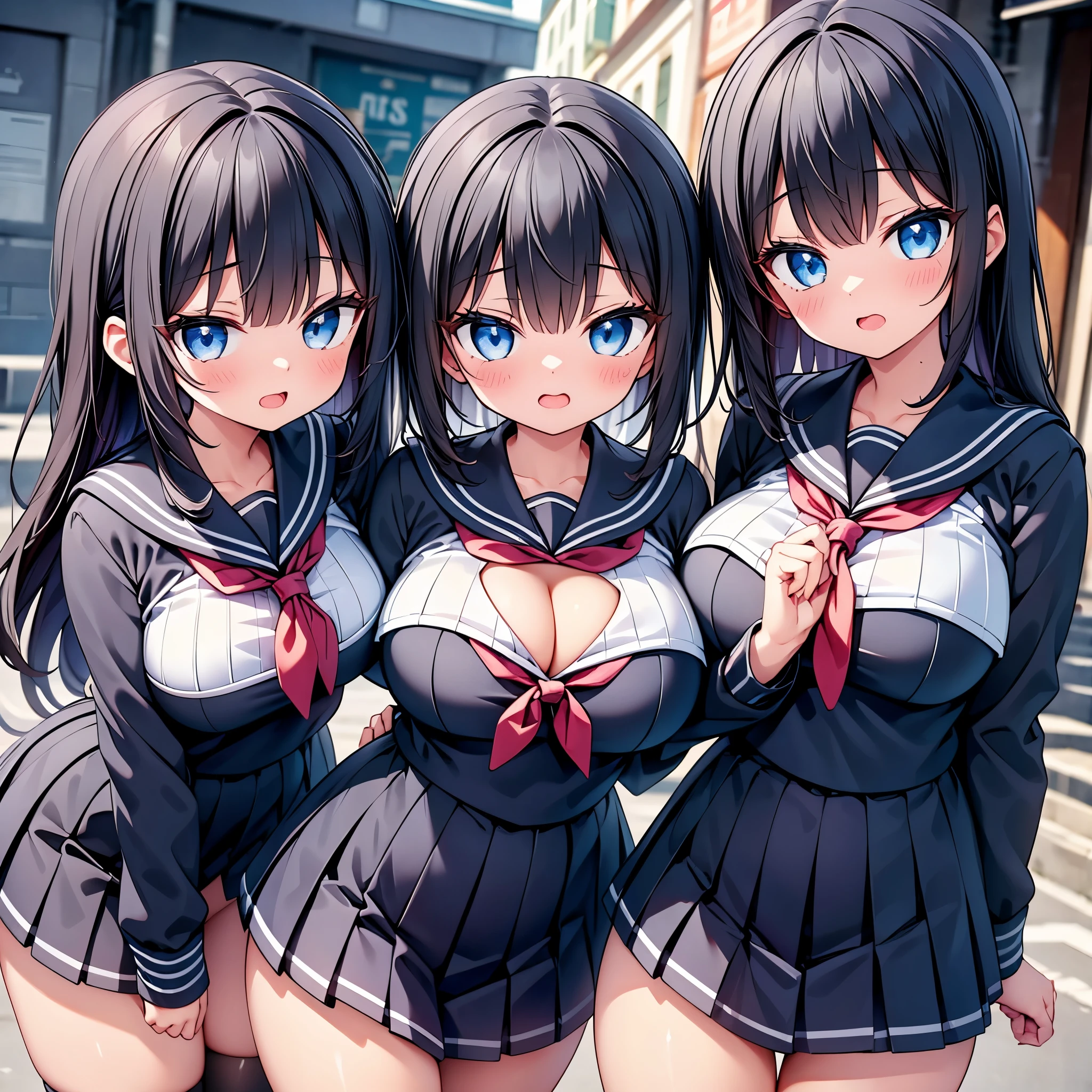 (cute eyes:1.2), (sparkling eyes:1.2), highest quality,wonderful,finely,extremely detailed CG Unity 8K wallpaper, (Stand in line:1.2), (3 girls, Black Hair, cute eyes, sailor uniform, clothed), ( cutout:1.2), (midium breasts) mouth:1.1), (long tongue:1.1), (mouth drool:1.1), (black stockings:1.1),(Thighs:1.2),(Waistline:1.2)