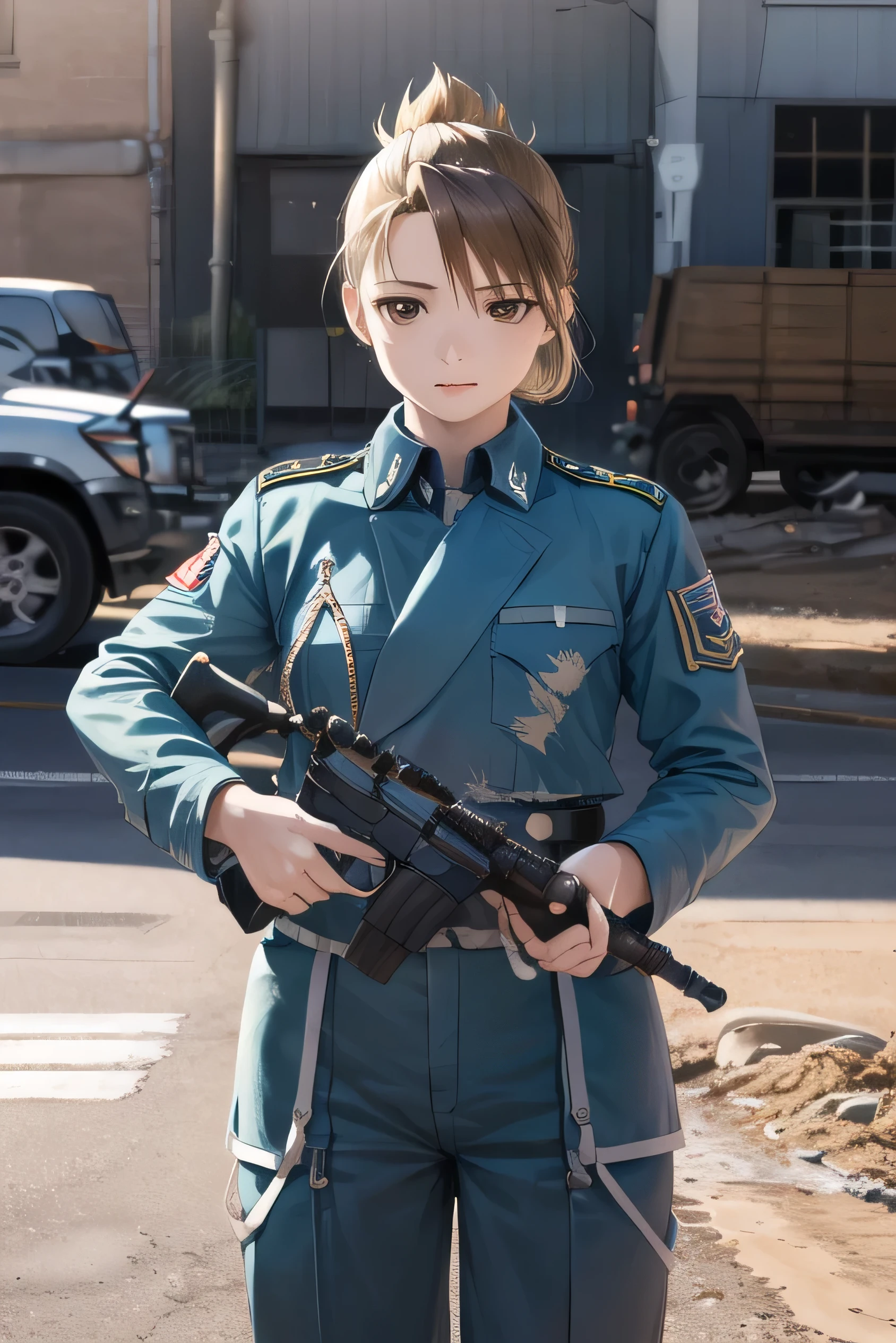 masterpiece, highest quality, High resolution, One girl, Hamriz, Folded ponytail, ((Brown eyes)), Medium chest, Cowboy Shot, View your viewers,holding a rifle, Has an assault rifle, Gun Action:1.5, masterpiece, Detailed Shadows, Detailed light, Very detailed, ((Dirty and very torn military uniform)), (Torn military uniform:1.5), ((masterpiece)), (((highest quality))), ((Super detailed)) , break (masterpiece:1.2), highest quality, High resolution, unity 8k wallpaper, (figure:0.8), (Beautiful and detailed brown eyes:1.6), Very detailedな顔, Perfect lighting, Extremely detailed CG, (Perfect hands, Perfect Anatomy),