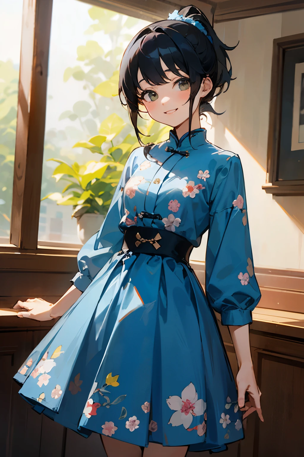 In the best quality、age girl standing in a room。In high resolution、Beautiful details、Quiet atmosphere。Black hair ponytail、Cute Smile.。Wearing a cute floral blue dress。