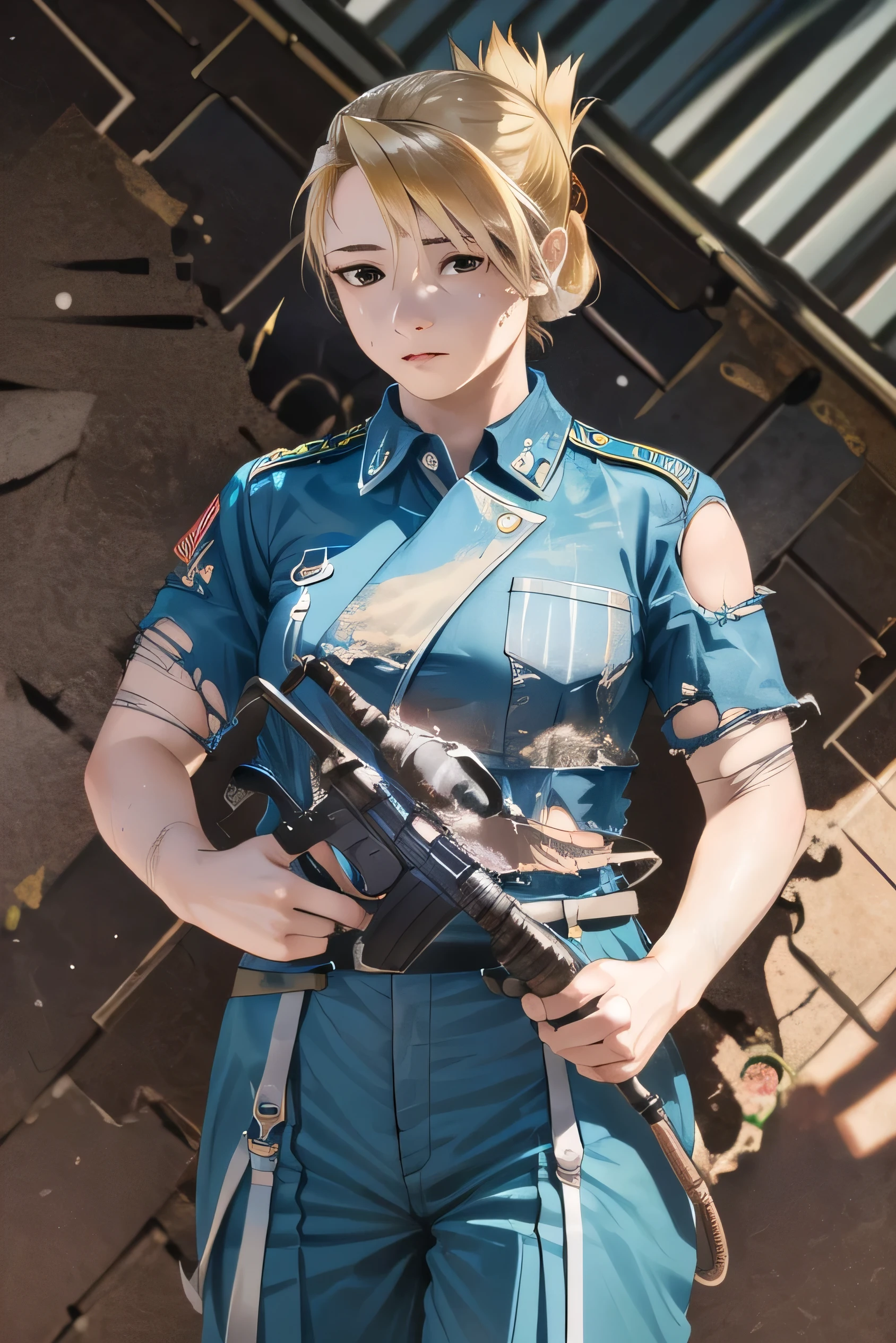 masterpiece, highest quality, High resolution, One girl, Hamriz, Folded ponytail, ((Brown eyes)), Medium chest,  Cowboy Shot, View your viewers,holding a rifle, Has an assault rifle, Gun Action:1.5, masterpiece, Detailed Shadows, Detailed light, Very detailed, ((Dirty and very torn military uniform)), (Torn military uniform:1.5),  ((masterpiece)), (((highest quality))), ((Super detailed)) , break (masterpiece:1.2), highest quality, High resolution, unity 8k wallpaper, (figure:0.8), (Beautiful and detailed brown eyes:1.6), Very detailedな顔, Perfect lighting, Extremely detailed CG, (Perfect hands, Perfect Anatomy),