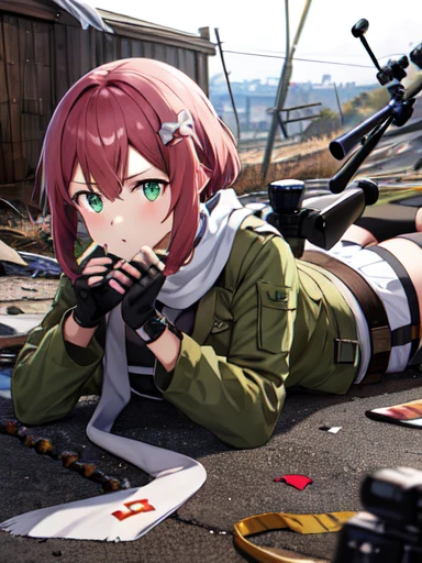 masterpiece, highest quality, High resolution, One girl, Chinon 1, scarf, Fingerless gloves, Long sleeve, Black shorts, hair ornaments, Valletta, Green jacket, Have a weapon, sniper rifle, Remains, Looking through the scope＿Lying down, （Sword Art Online）, Looking through the scope、 Use a sniper, sniper rifleを持つ, Looking through the scope, sniper rifleのLooking through the scope, photograph,, Collapsed building, Remains、wilderness