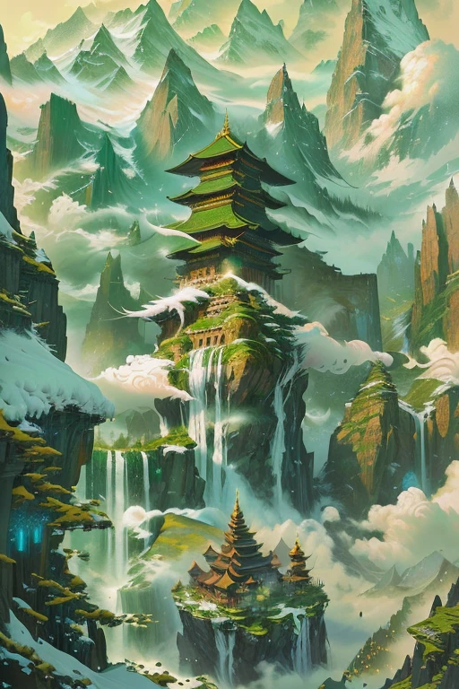 a mountain painting，There are waterfalls and pagodas in the middle, Detailed fantasy digital art, Beautiful and detailed fantasy, Amazing wallpapers, Detailed digital 2D fantasy art, A beautiful artistic illustration, Highly detailed fantasy art, Fantasy Very Detailed, Highly detailed numbers, Andreas Rocha style, Detailed fantasy illustration, Landscape Art Detail, Floating mountains, fantasy art landscape