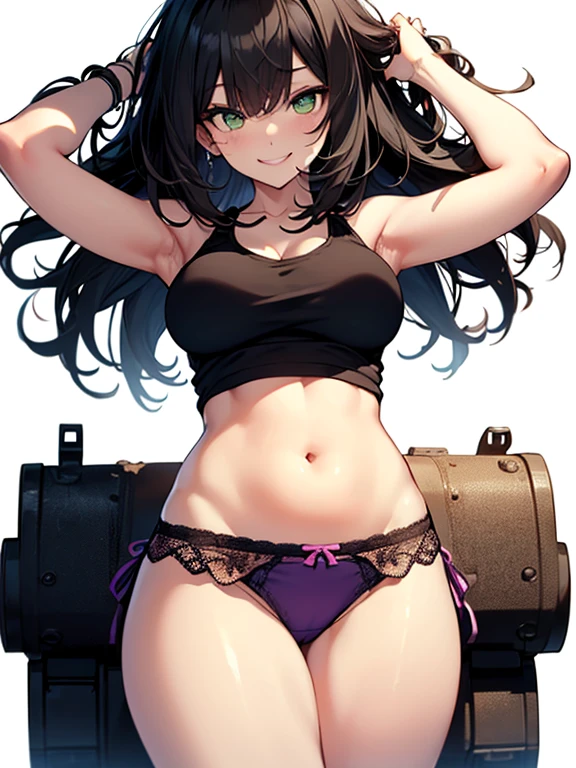 (masterpiece), best quality, expressive eyes, perfect face, ung woman, (((((solo))))), long hair, (((black hair))), (((green eyes))), ((showing belly belly))), (((neckline))), (((one of the arms raised))), (((fixing the hair))), (((mischievous smile))), (((Short tank top))), (((white tank top))), (((purple panties))), (((transparent panties))), (((panties with lace))), (large breasts), (thick thighs), (((flushed))), (((bangs))), (((Image showing the top of the up)))), (((white background))), (((simple background))))
