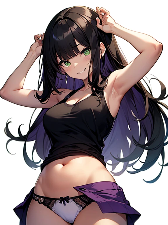 (masterpiece), best quality, expressive eyes, perfect face, ung woman, (((((solo))))), long hair, (((black hair))), (((green eyes))), ((showing belly belly))), (((neckline))), (((one of the arms raised))), (((fixing the hair))), (((mischievous smile))), (((Short tank top))), (((white tank top))), (((purple panties))), (((transparent panties))), (((panties with lace))), (large breasts), (thick thighs), (((flushed))), (((bangs))), (((Image showing the top of the up)))), (((white background))), (((simple background))))