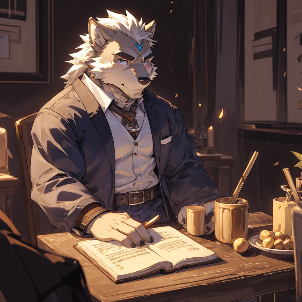 Silver Wolf Orc,math teacher,Silvery-white fur,Very handsome,Kind and gentle,Affable,Wearing a teacher's outfit,Very robust。