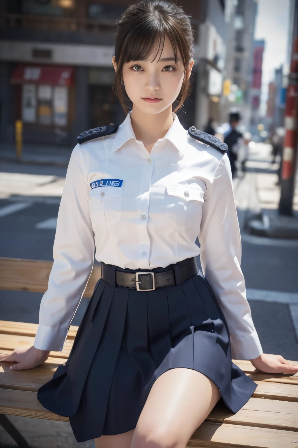 An innocent 18-year-old girl、((Japanese Police Officer, Police uniform, skirt, Cute and elegant, Dramatic Pose)),smile,Night city background,shortcut、RAW Photos, (8k、highest quality、masterpiece:1.2)、(Intricate details:1.4)、(Photorealistic:1.4)、Octane Rendering、Complex 3D rendering with ultra-detail, Studio Soft Light, Rim Light, Vivid details, Super Detail, Realistic skin texture, Detailed aspect, Beautiful details in the eyes, Highly detailed CG Unity 16k wallpaper, compensate, (Detailed Background:1.2), Glowing Skin, whole body,Lower your hands and sit on the bench
