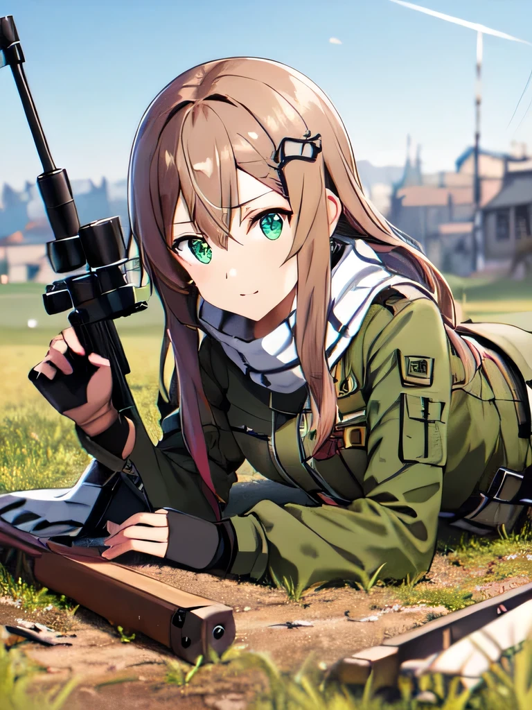 masterpiece, highest quality, High resolution, One girl, Chinon 1, scarf, Fingerless gloves, Long sleeve, Black shorts, hair ornaments, Valletta, Green jacket, Have a weapon, sniper rifle, Remains, Looking through the scope_Lying down, (Sword Art Online), Looking through the scope、 Use a sniper, sniper rifleを持つ, Looking through the scope, sniper rifleのLooking through the scope, photograph,, Collapsed building, Remains、wilderness