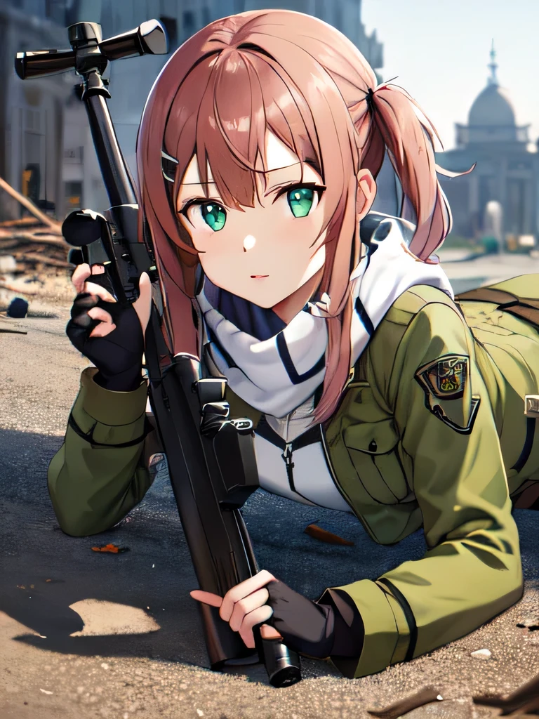 masterpiece, highest quality, High resolution, One girl, Chinon 1, scarf, Fingerless gloves, Long sleeve, Black shorts, hair ornaments, Valletta, Green jacket, Have a weapon, sniper rifle, Remains, Looking through the scope＿Lying down, （Sword Art Online）, Looking through the scope、 Use a sniper, sniper rifleを持つ, Looking through the scope, sniper rifleのLooking through the scope, photograph,, Collapsed building, Remains、wilderness