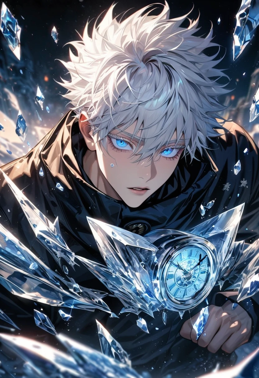 absurdres, highres, ultra detailed, HDR, master piece, best quality, extremely detailed face and eyes, perfect face, beautiful eyes, Gojo Satoru,white hair with bangs, hair between the eyes, expressive blue eyes, white eyelashes, Jujutsu Kaisen, solo, sexy man, handsome, ice clock, ice butterflies, ice trees, ice flowers, ice petals
