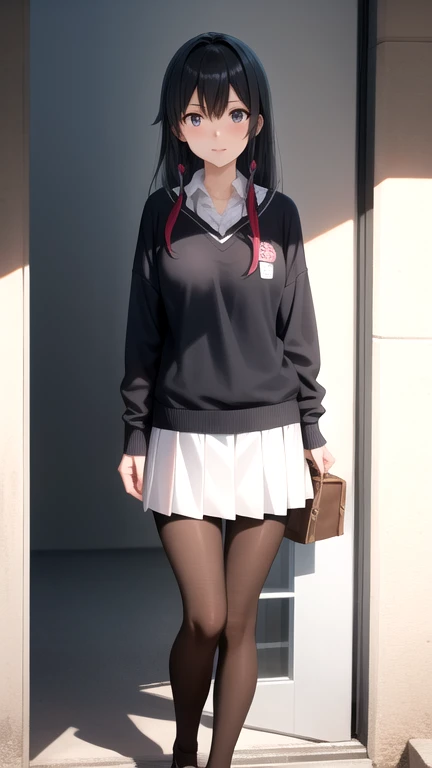 Yukino Yukinoshita, pelo largo, pecho mediano, escote, ombligo, piernas delgadas, pelo negro, blue eyes, falda corta, , calcetines hasta el muslo, adolescente, feliz, ropa abierta
