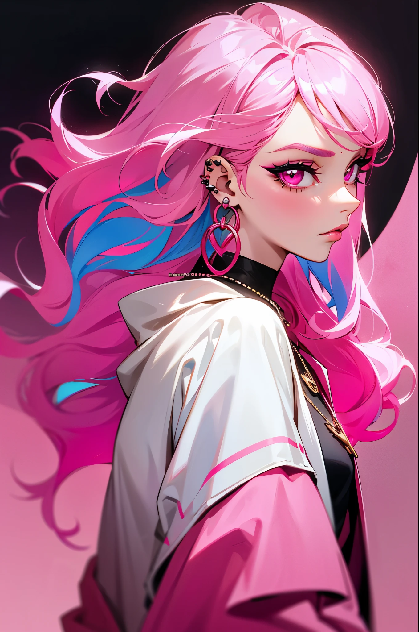 Niji Style, 1girl, solo, long hair, looking at viewer, eye glowing background, jewelry, closed mouth, jacket, upper body, pink hair, earrings, pink eyes, necklace, from side, sweater, lips, eyelashes, makeup, wavy hair, piercing, cross, lipstick, ear piercing, eyeshadow, hoop earrings, pink lips, multicolored eyes, pink theme, , pink eyeshadow,