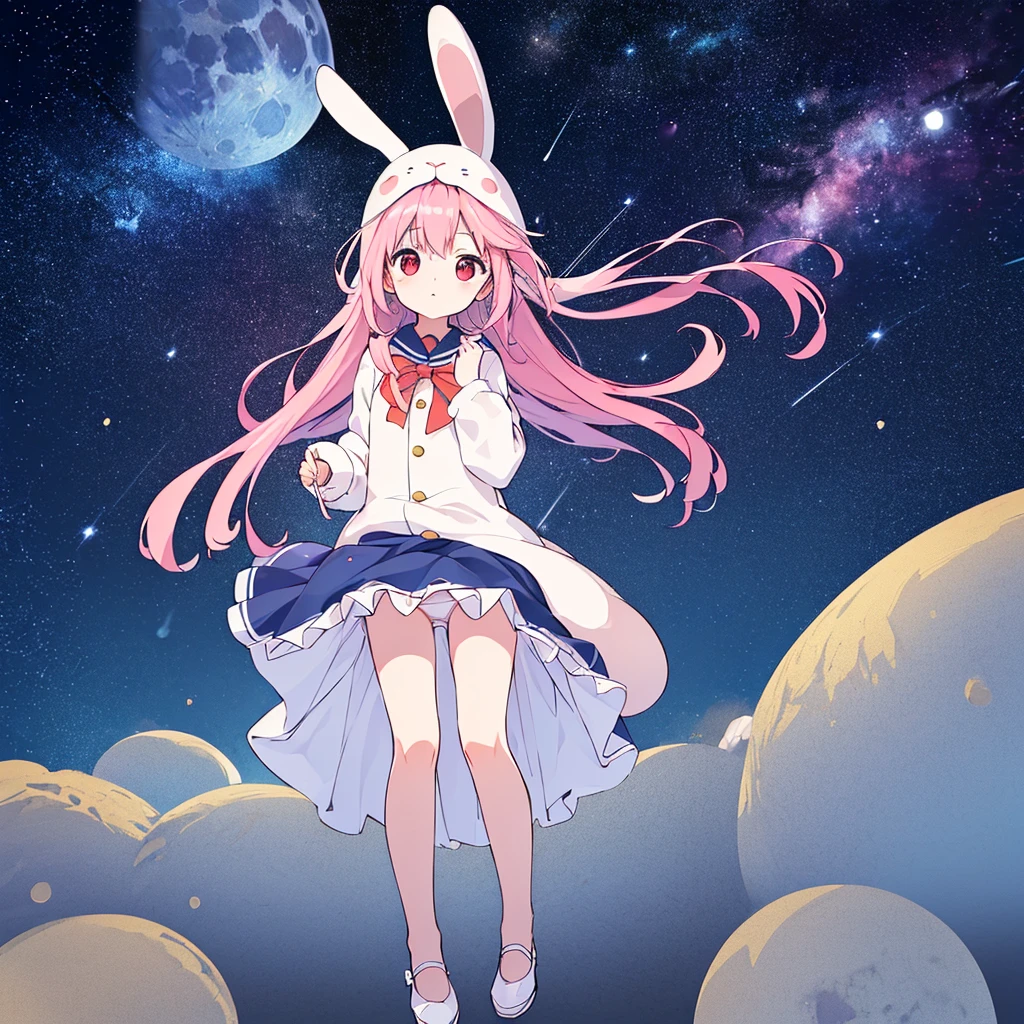 absurderes, hight resolution, (Anime style:1.1), ((masutepiece)), ((Best Quality)), (Ultra-detailed), (Beautiful), solo, Beautiful face、(liftup),12year old、Detailed outer space、Realistic beautiful stars々、(Cute girl in rabbit costume、Looking up at the starry sky from the surface of the moon:1.4)、Pink colorful hair, Red Eyes,Looking at Viewer,Lens Flare,Dramatic, (Skirt lifted by the wind:1.5)、from the rear、full body Esbian、(Low position,From below:1.6)、Detailed universe、beautiful milky way、I can see my panties