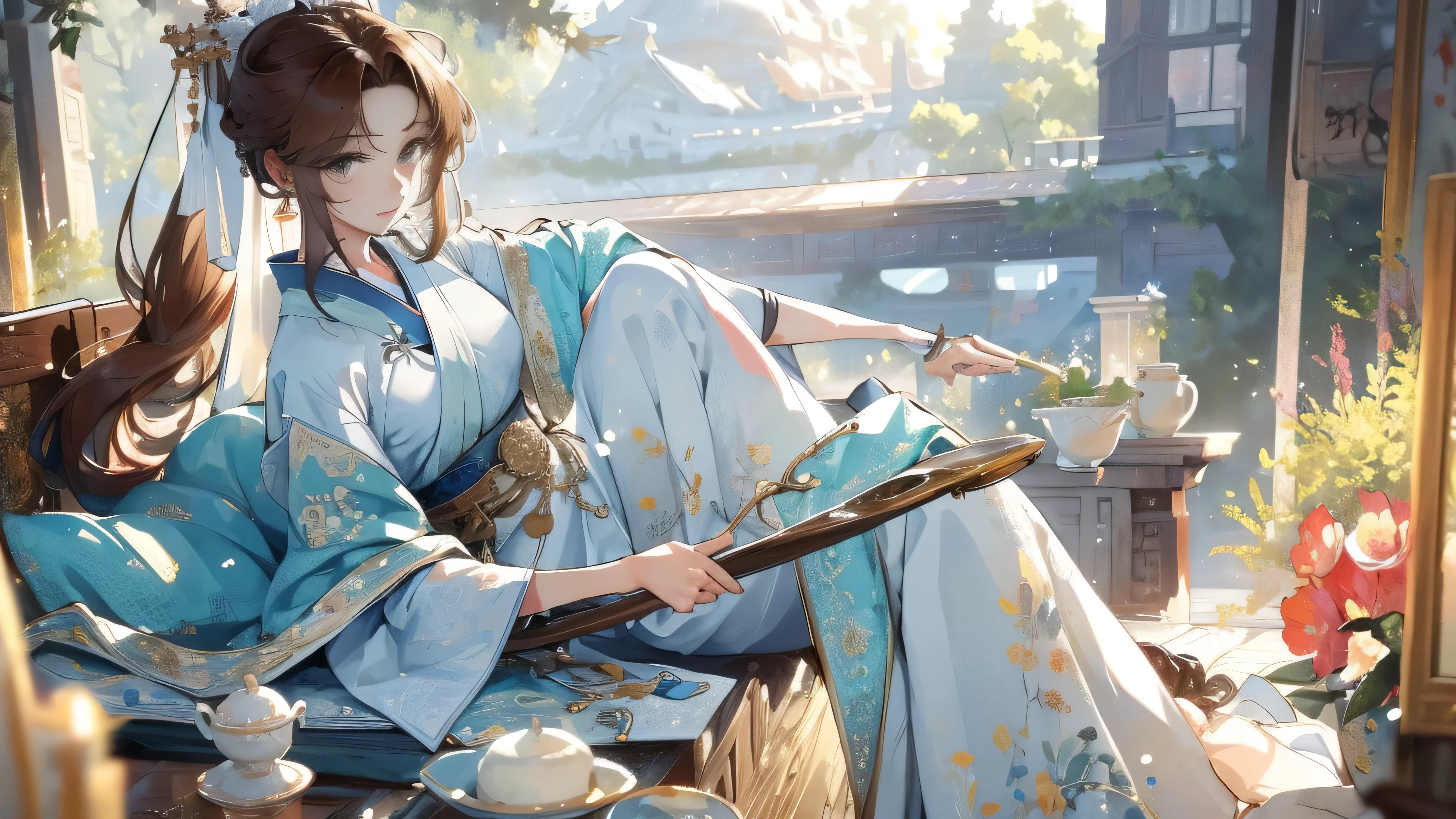Best quality at best，tmasterpiece，illustratio，an extremely delicate and beautiful，The is very detailed，CG，unity，8k wallpaper，astounding，finely detailled，tmasterpiece，Best quality at best，offcial art，Very detailed CG unity 8k wallpaper，absurderes，Incredibly Ridiculous res，hugefilesize，ultra - detailed，A high resolution，The is very detailed，Beautiful detailed girl，very detailed eyes and faces，beatiful detailed eyes，light in face，（Hanfu：1.1），1girll，full bodyesbian，full bodyesbian，shot of，，tmasterpiece，1girll，solo，brunette color hair，white dresses，，white thighhig，lake，dampness, Long Hair Ponytail,Only 1 adult female