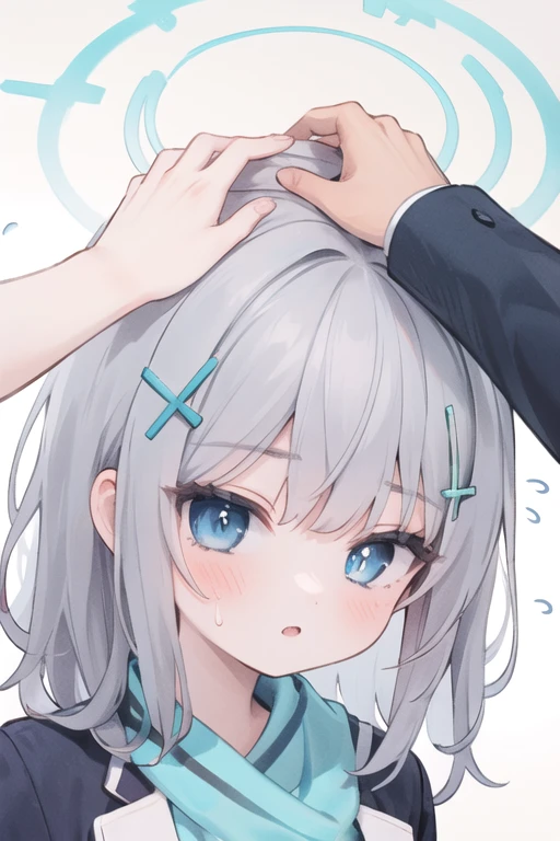 1girl, headpat, flying sweatdrops, 
shiroko_bluearchive,beast ears