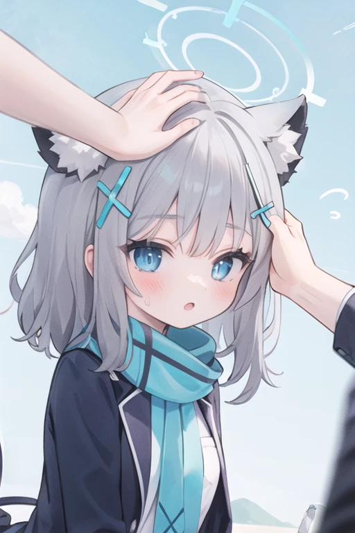 1girl, headpat, flying sweatdrops, 
shiroko_bluearchive,beast ears