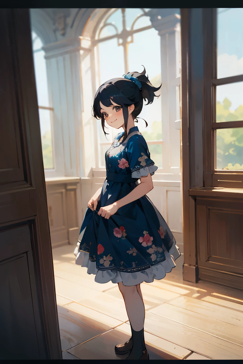 In the best quality、Teenage girl standing in a room。In high resolution、Beautiful details、Quiet atmosphere。Black hair ponytail、Cute Smile.。Wearing a cute floral blue dress。