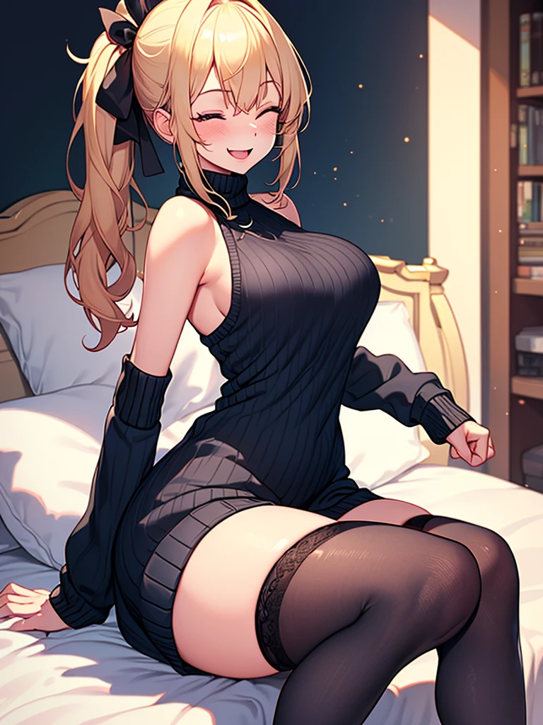 (highest quality, High resolution, perfect pixel, Depth of bounds written, 4K), bed, (from above), (cowboy shot), detailed eyes, (1 lady), tall, (skinny body:1.2) , (thin thighs:1.2), large breasts, (side boob), blond hair, (side ponytail:1.2), (burgundy virgin killer sweater dress:1.2), (sleeveless), bare back, side tie panties, (reclining), (spread legs), (arm up), (crotch grab:1.2), (surprised), (looking up), (one eye closed), blush, open mouth, (knee-length stockings:1.3), wet,