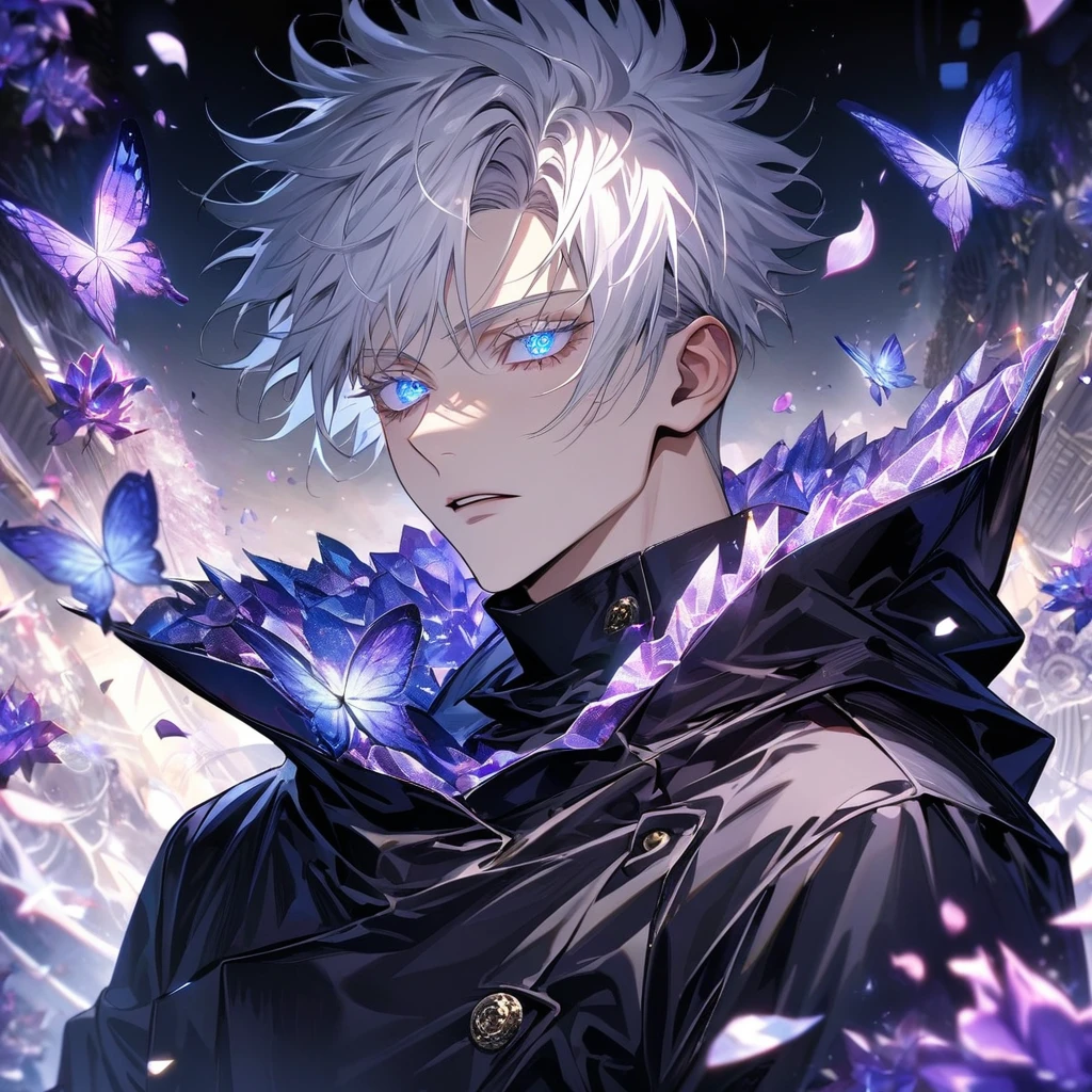 Ultra detailed, HDR, Highres, absurdres, master piece, Gojou Satoru, expressive blue eyes, white hair with bangs, white eyelashes, Jujutsu Kaisen, black coat with patterns, black tight shirt, purple glittering erflies, purple ice, petals, purple ice flowers, sexyn, solo, extremely detailed face and eyes, extremely handsome, glittering, glittering eyes,