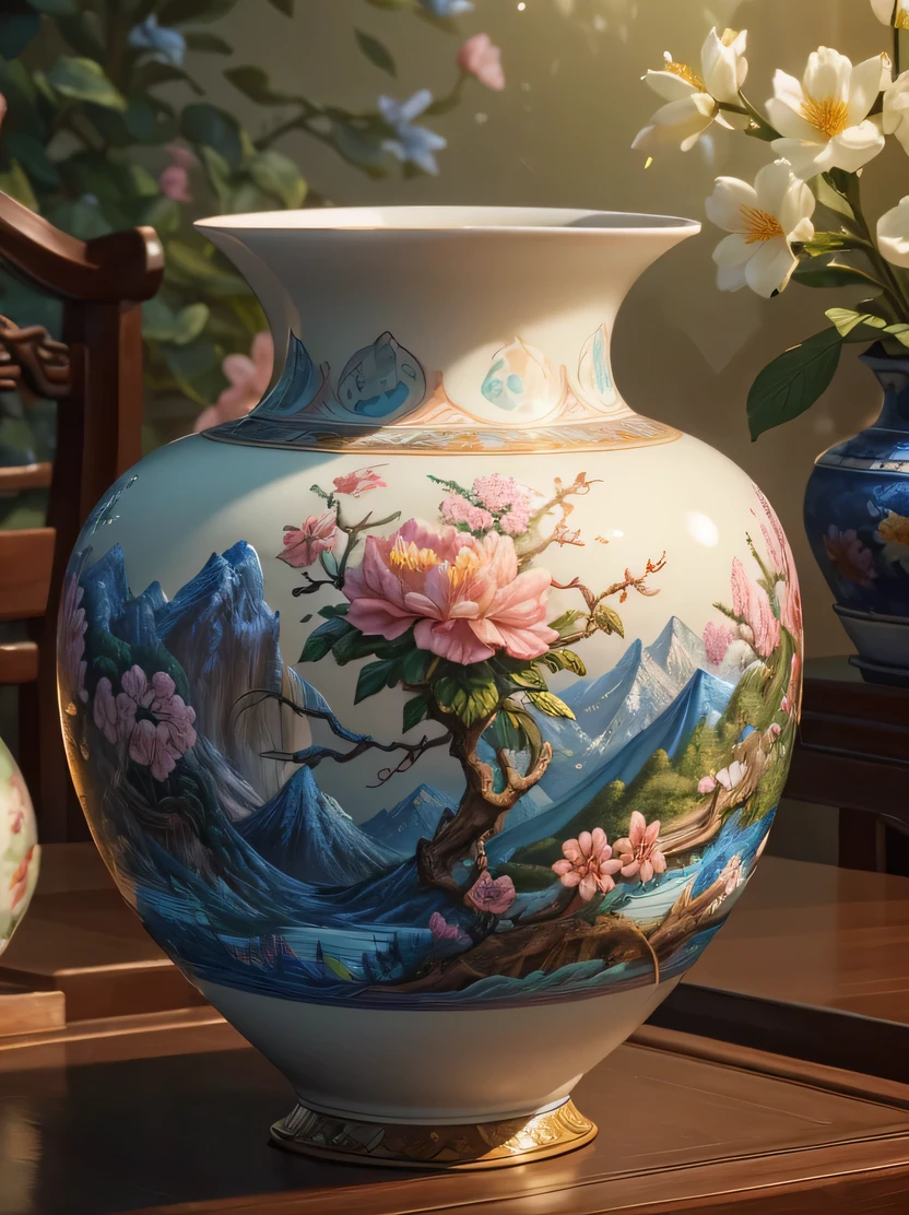 ((masterpiece、highest quality、Genuine、Very detailed、High resolution、Realistic、Sharp focus))、High saturation、High Contrast、 Mountain of flowers and fruits、Fairy、Chinese architecture、Very detailed carving、southern ice、porcelain、Backlight