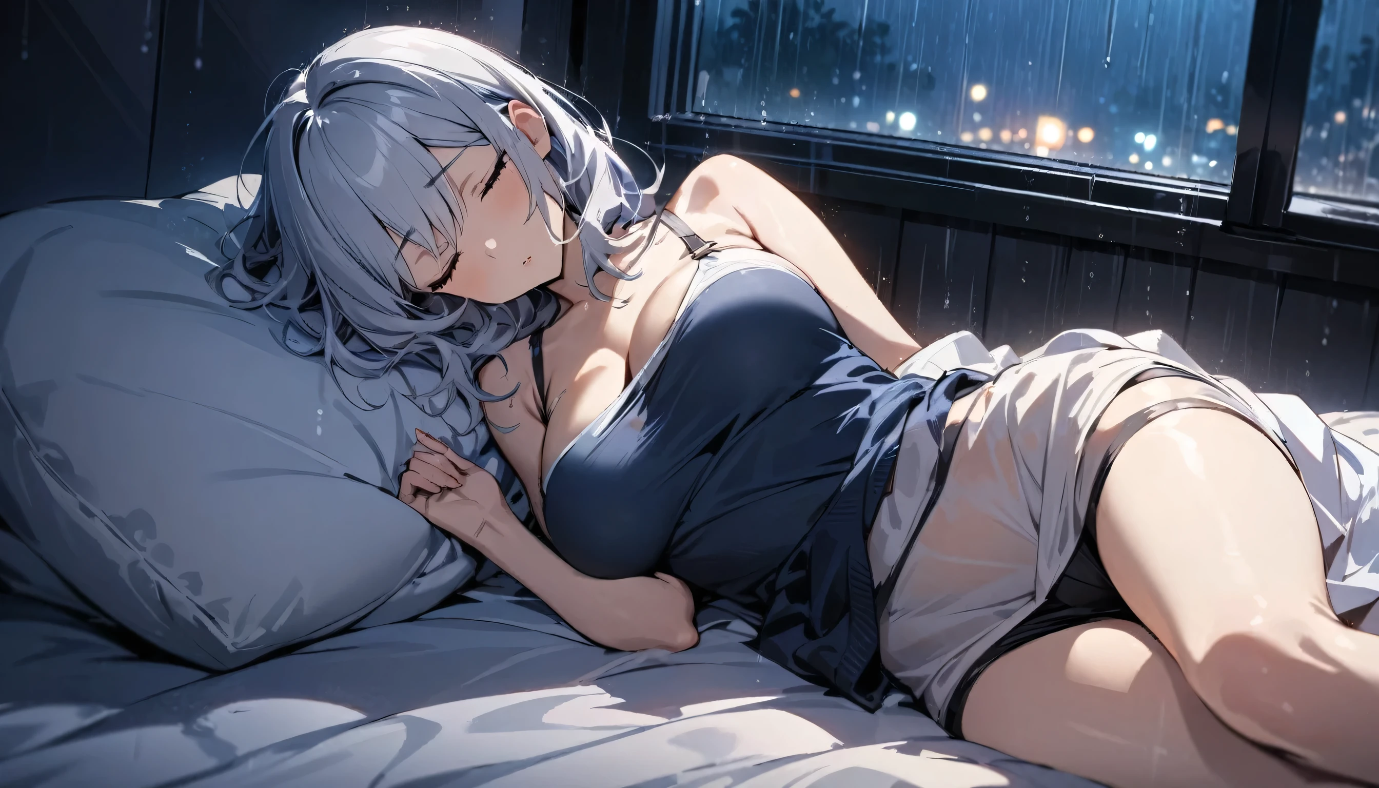 ((best quality)), ((masterpiece)), (detailed), perfect face, lying in bed and sleeping, take off all clothes, rainy window, Rainy night, eyes closed, one woman, underclothed, butt visible, breasts visible, sleeping on a pillow
