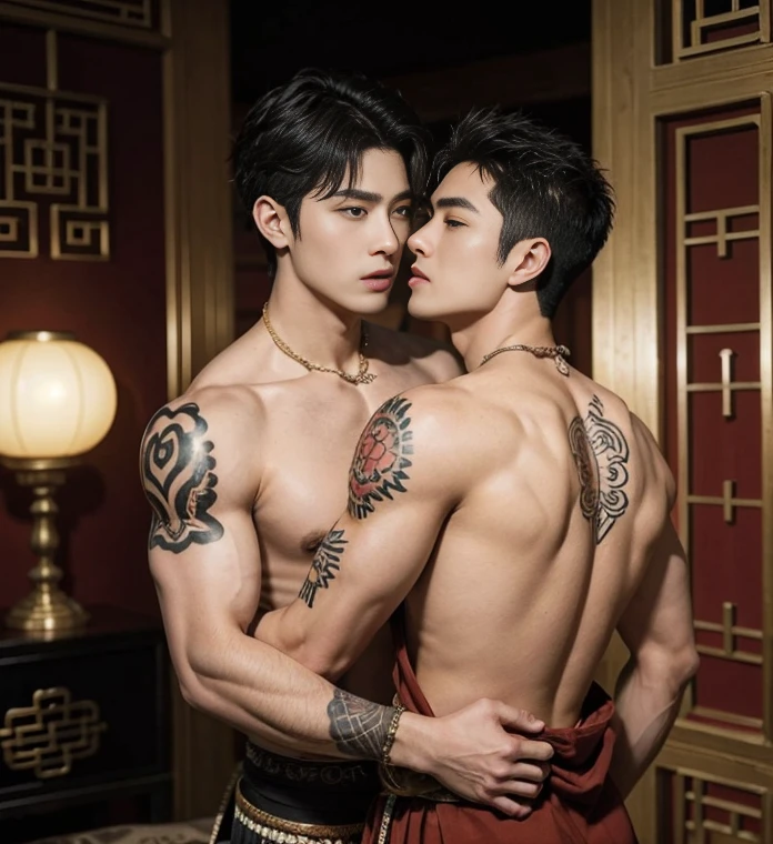 Two handsome boys kissing, smiling at each other, catching eyes ,hugging, kissing, touching lips, cuddle, romantic,skin ship, Chinese Men God, Mythology, realistic, Chinese odyssy, super Handsome,manly, kpop idol, handsome korean actor, 20 years old,, detailed face, manly jawline, manly chin, detailed mess curly styling hair, Topless, Muscles, big chest Athlete body, Full Frame,full body shoots, Sexy, realistic, human skin, tattoo breast, Professional studio Lighting, long red tibetan Outfit, jade and golden pendent all over , detailed jewery in dress, earings,Chinese ancient temple Background,out door, super detailed background,look at camera , open mouth, loincloth Underneathe Underwear, tibet Warrior, Hanfu red wedding dress, tibet Male, tibet Nobel, Seduce , bare chest , tattoo chest, tattoo arms, tattoo hands, tattoo back, tattoo legs , detailed tattoos, big juicy butts, bare butts