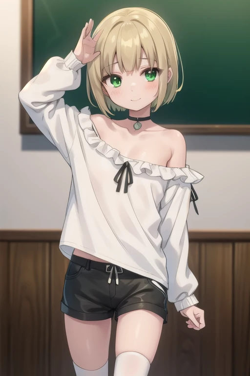 {1boy:1.2}, suzuya aki, nijisanji, virtual youtuber, blonde hair,short hair,bangs,green eyes, choker, off shoulder , white shirt,off-shoulder shirt, long sleeves,black ribbon,loafers,frilled shirt, micro shorts　, white socks, kneehighs,otoko no ko,{flat chest:1.3},cowboy shot,masterpiece,best quality,ultra detailed、,Bobcut, (Green Eyes:1.5), Blonde, ,smile,blush,, blush, ,animal_pose　,droopy eyes,big eyes