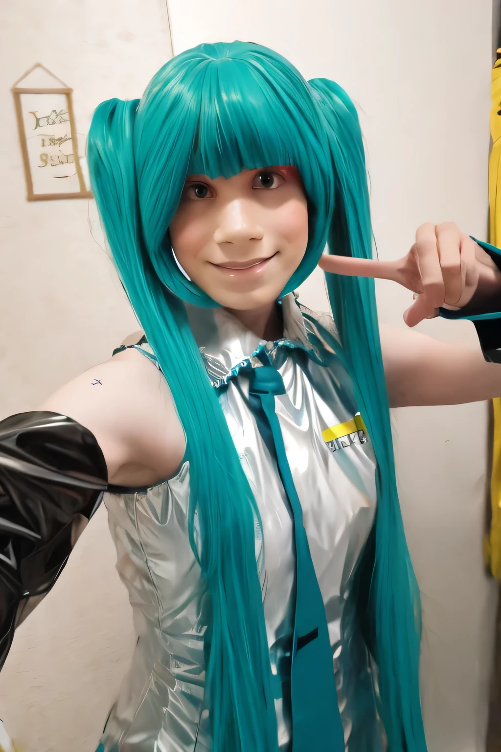 Hatsune Miku doing a peace sign half body