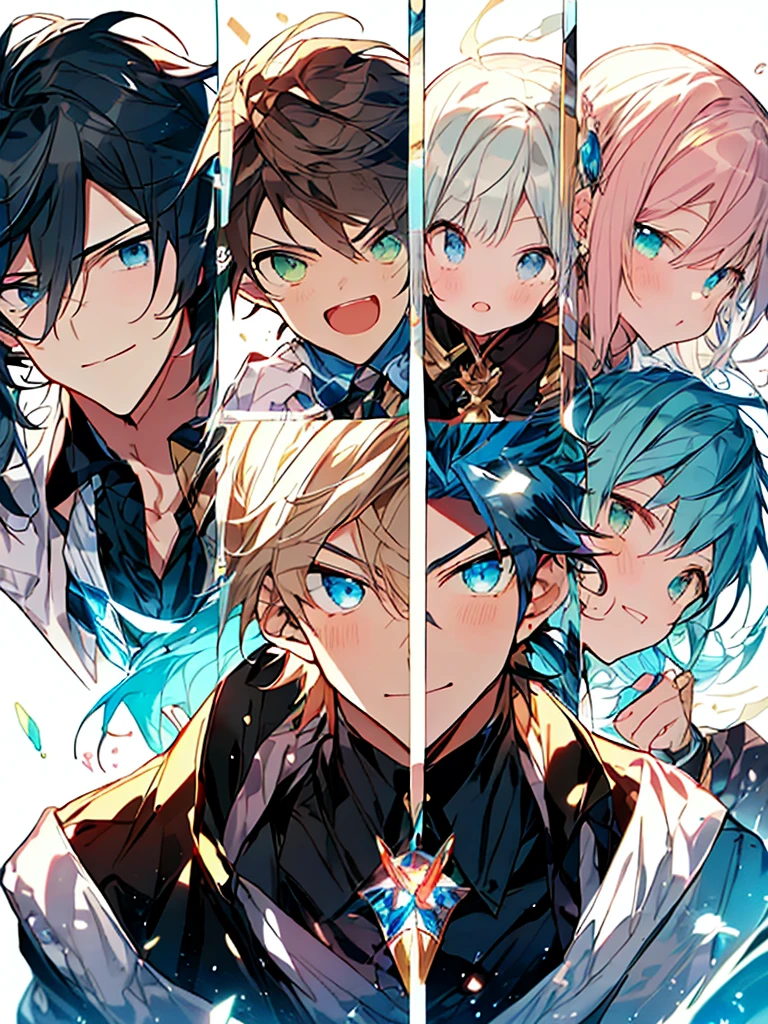((best quality、A masterpice))、Two anime handsome men、knights、black  hair、a blond、Blue eyes、Golden Eyes、sirius a and sirius b、Comic art、high quality fanart、from cryptid academia、inspired by Masanobu Okumura、epic anime style、detailed fan art、Akihiko Inoue and Rostran
