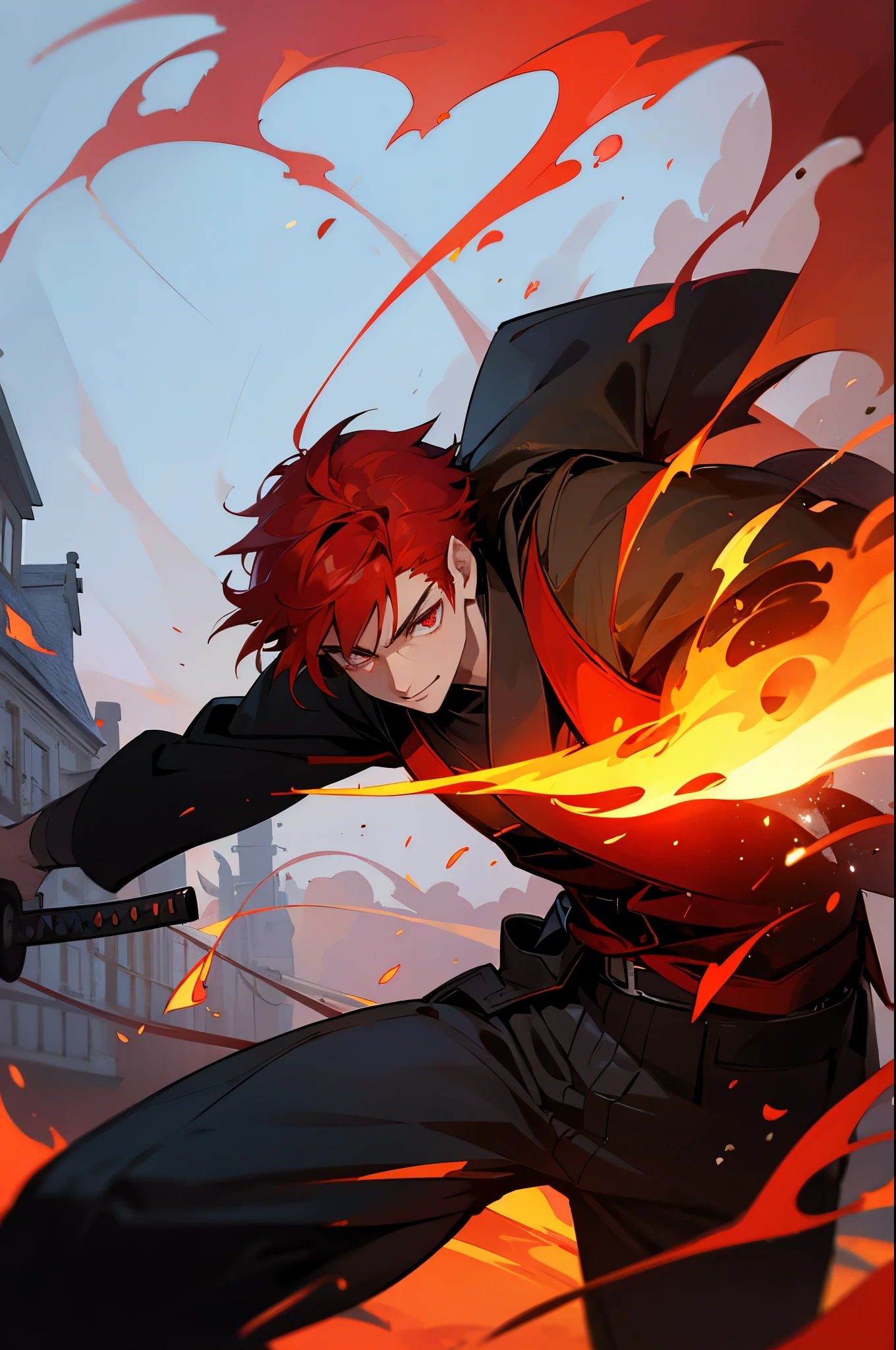 1male,red hair, flaming eye, katana, flames, nature, outdoors, glowing, sidelighting, town,