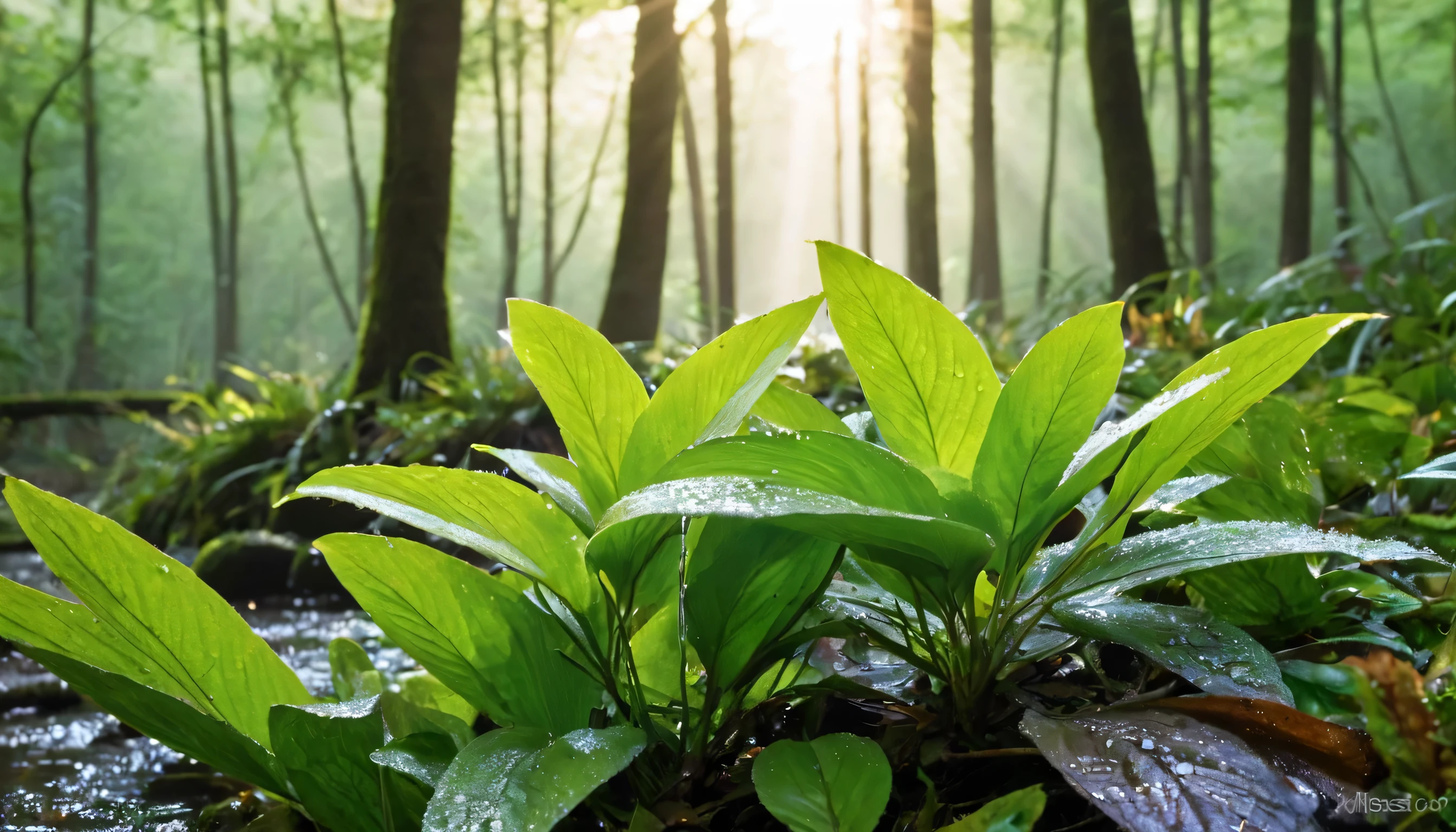 ((best quality)), ((masterpiece)), (detailed), In the forest, stream, morning dew, leaves, morning sunlight