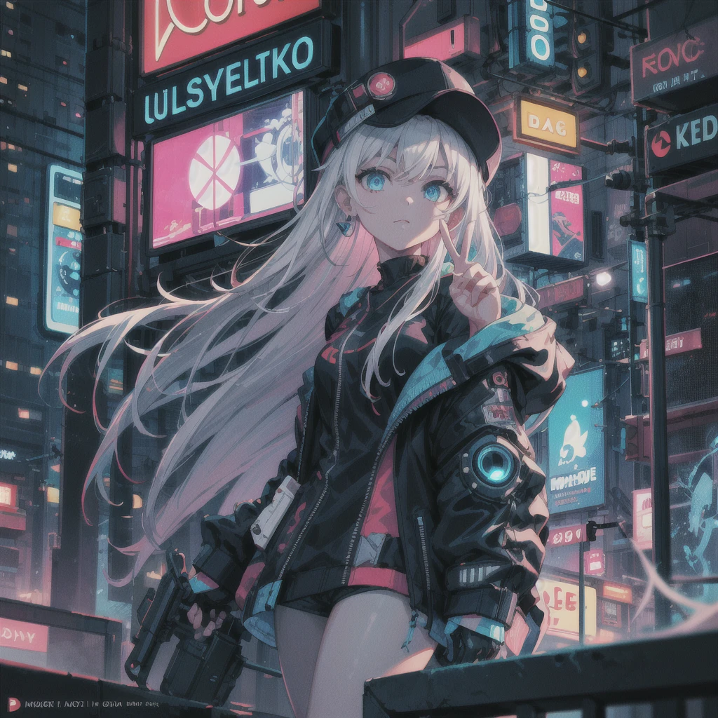 1 girl, solo, colorful, blue eyes, cyberpunk, cityscape, moon background, peace sign, earrings, white hair, hat, neon sign, beautiful lights, character focus, CG illustration, bust shot, white color jacket, 8k resolution, very detailed, anatomically correct, digital painting, concept art, clear picture,