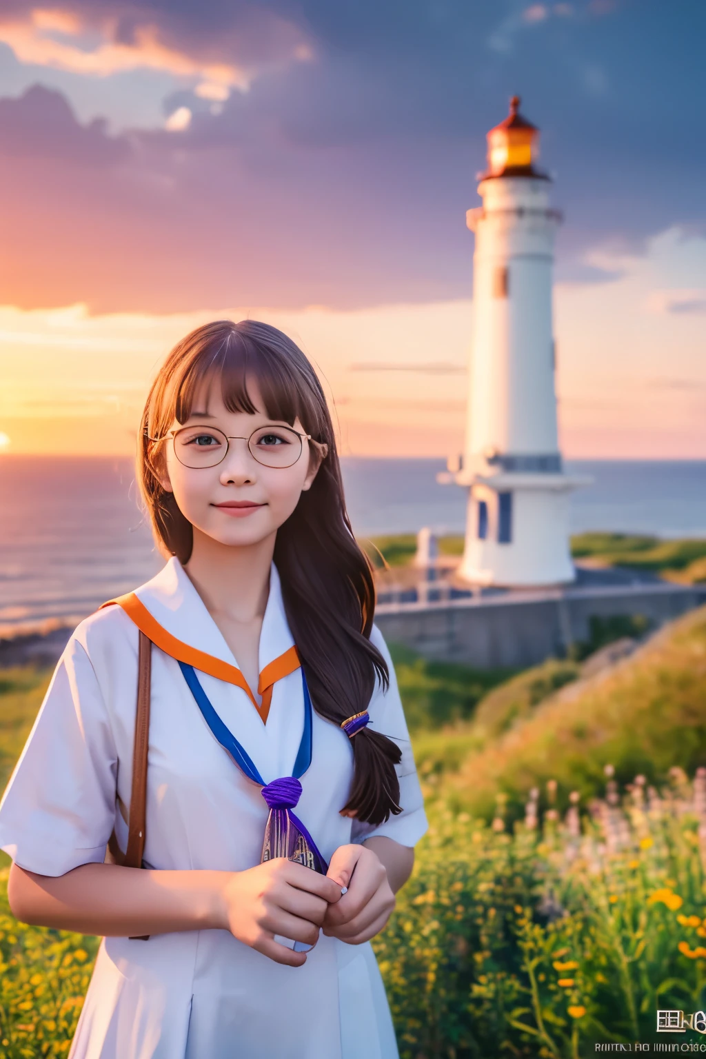 masterpiece, 最high quality, high quality, Very detailed CG Unity 8K 、Summer beach in Vladivostok、Cape Lighthouse、sunset、A cute elementary school girl of half Russian and half Japanese descent、Glasses、Orange clothes、With purple flowers