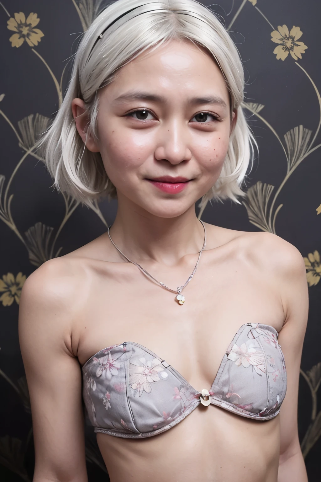 ((SHORT WHITE HAIR COLOR)), ((FLAT CHEST:1.8)), ((Lace)), (Happy smile), masutepiece, High quality, UHD 32K, Realistic face, Realistic skin feeling , A Japanese Lady, 58 years old matured lady, , Very cute and baby-like face, (((FLAT CHEST))), (Night time at forest), ((look In front at the camera and SADNESS)), (((CUTE GIRL))), ((YELLOW LIPS)), ((Floral Pattern)) little wearing strapless bra, strapless colorful bra, dark night background , black forest night, horror scary place, (from behind up) seductive pose